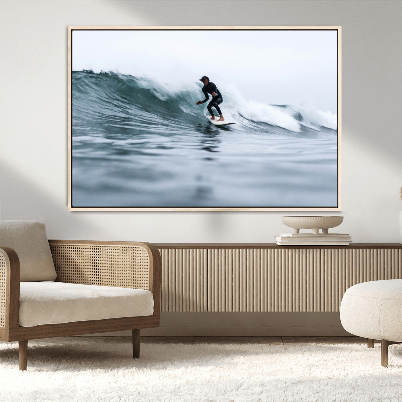 MGV-FC-36X24 - Surfer on Wave Wall Art Canvas Print, Framed Ocean Adventure Art Picture Print, Motion Blur Water Perfect Coastal Adventure Decor Artwork