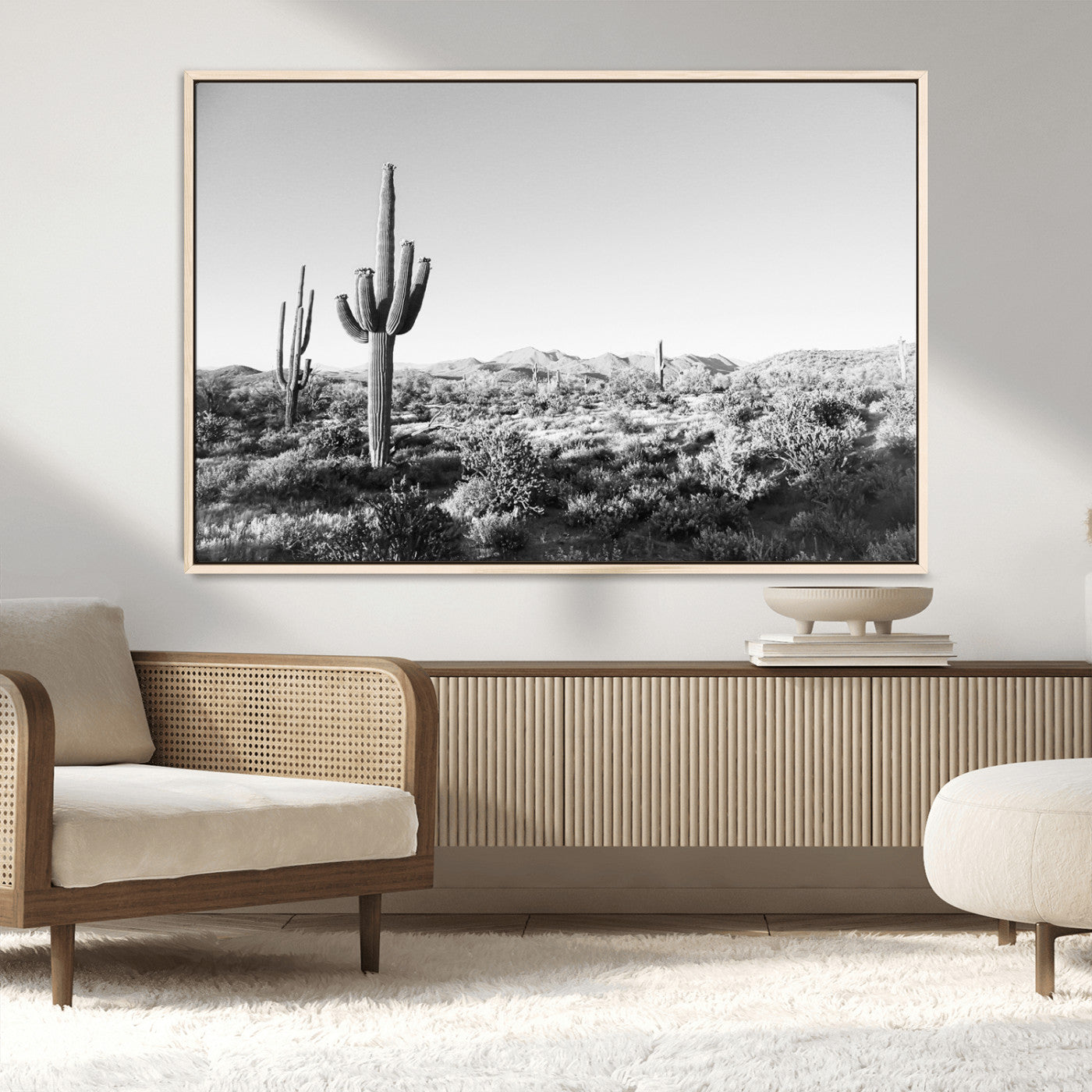 MGV-FC-36X24 - Saguaro Cactus Wall Art Canvas Print, Framed Monochrome Landscape Art Picture Print, Scenic Arizona View Perfect Minimalist Western Decor Artwork