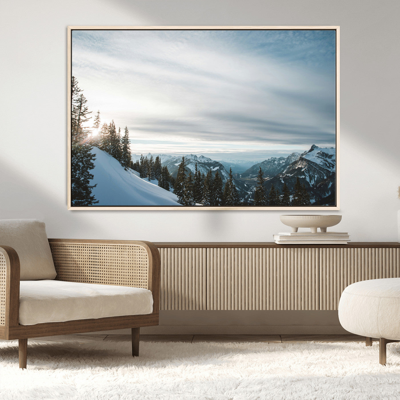 MGV-FC-36X24 - Snowy Mountains Wall Art Canvas Print, Framed Alpine Landscape Art Picture Print, Frosty Peaks Perfect Nordic Minimalist Decor Artwork