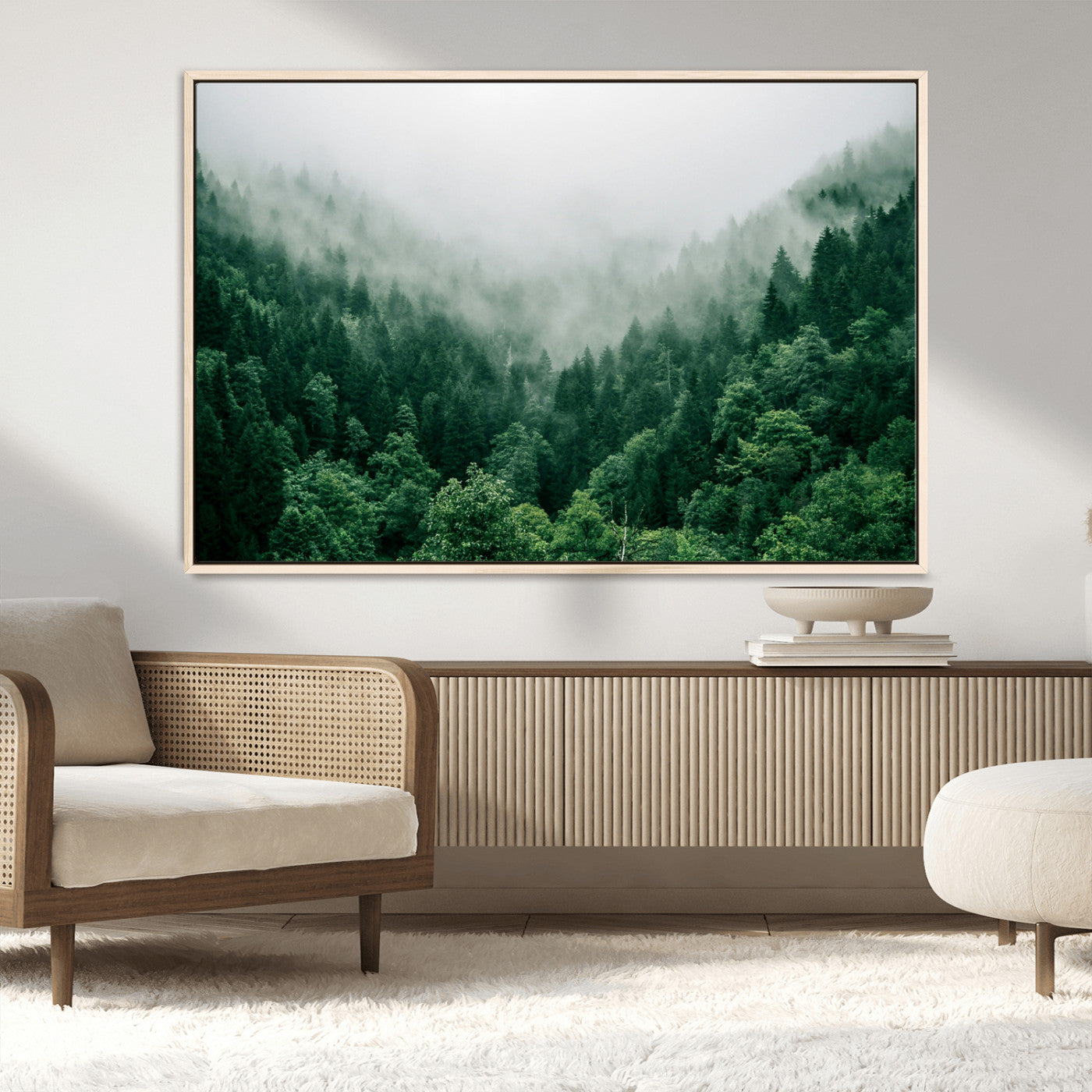 MGV-FC-36X24 - Misty Green Forest Canvas Print – Serene Foggy Pine Landscape Wall Art, Tranquil Nature Decor for