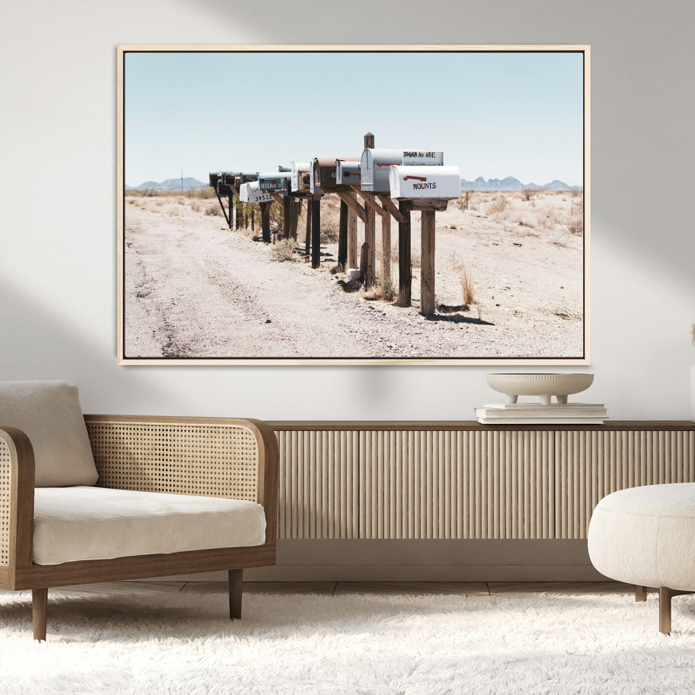 MGV-FC-36X24 - Desert Mailboxes Canvas Print – Minimal Western Landscape Photography, Rustic Americana Wall Art for