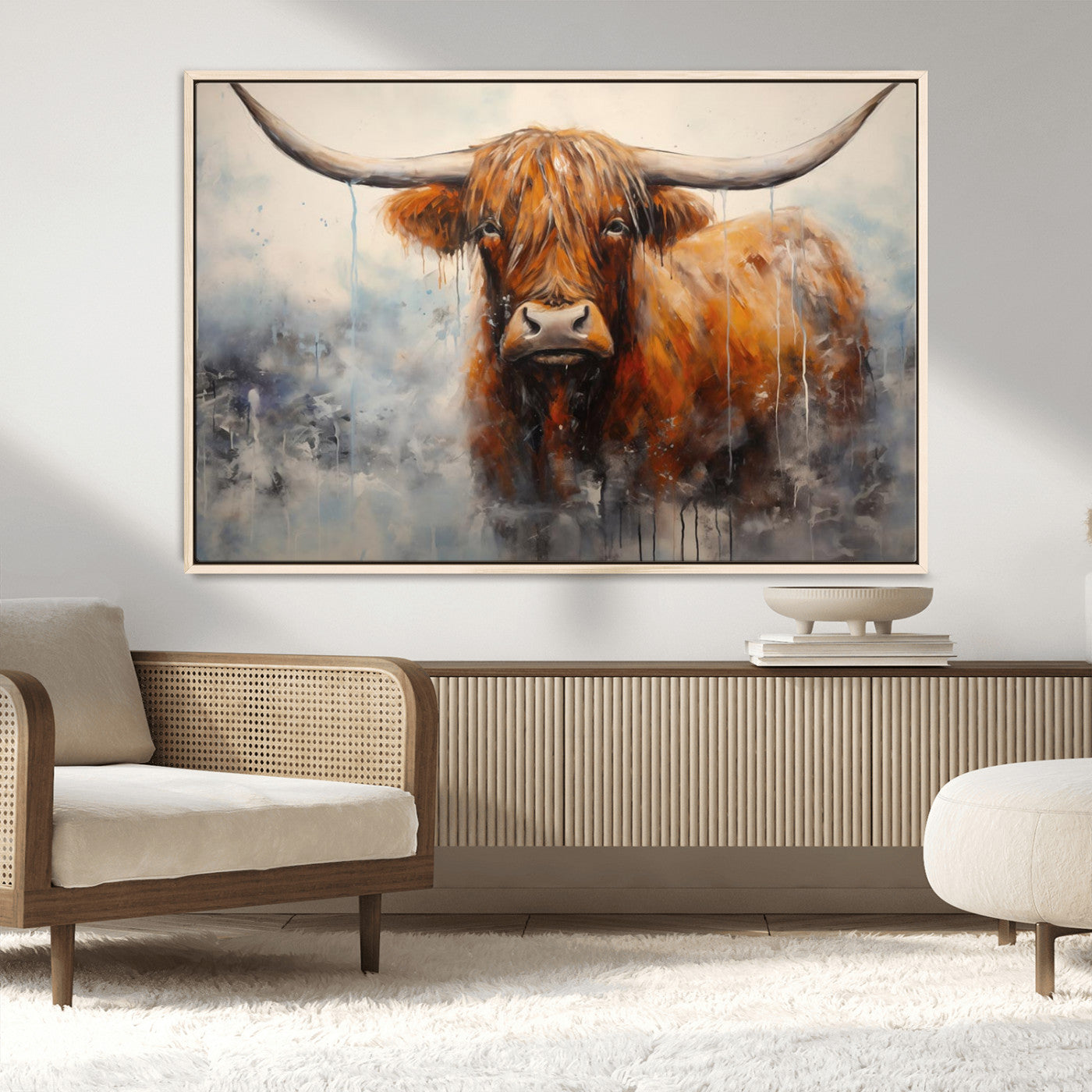 MGV-FC-36X24 - Scottish Highland Wall Art Canvas Print, Framed Longhorn Art Picture Print, Western Cow Perfect Farmhouse Decor Artwork