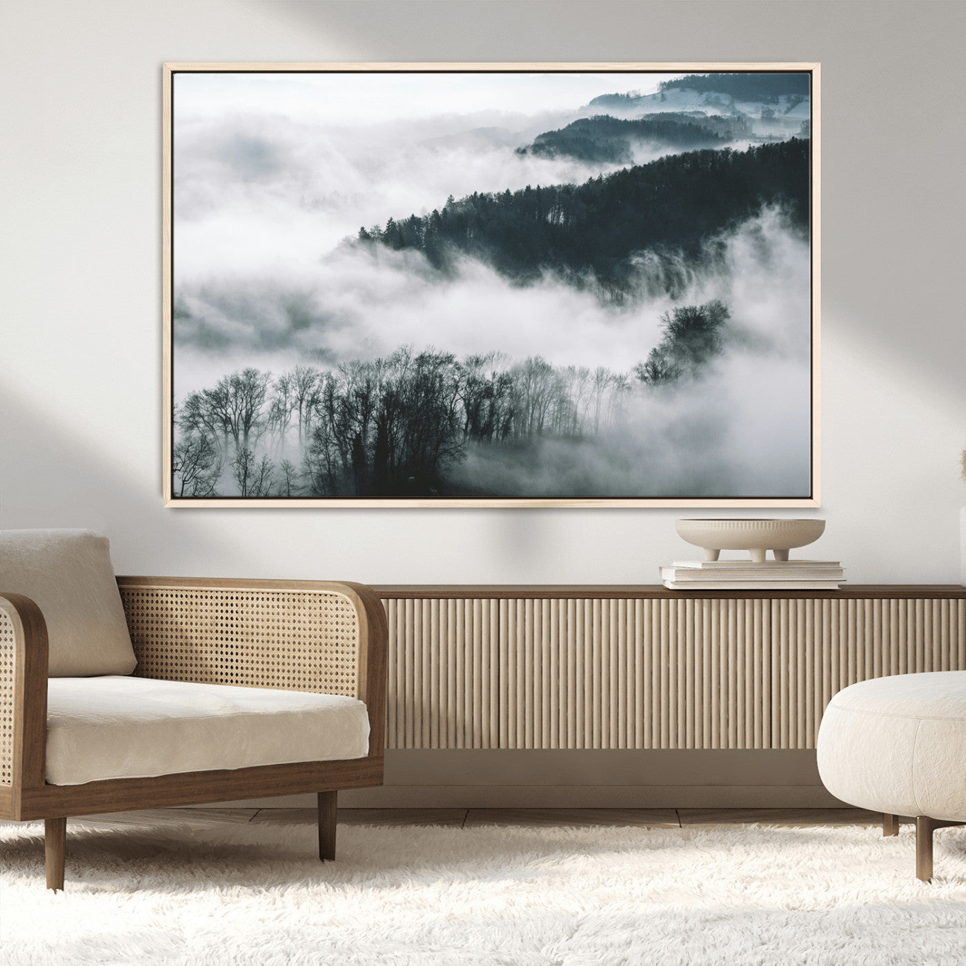 MGV-FC-36X24 - Foggy Forest Landscape Wall Art Canvas Print – Misty Mountain Valley Scene in Monochrome Tones,