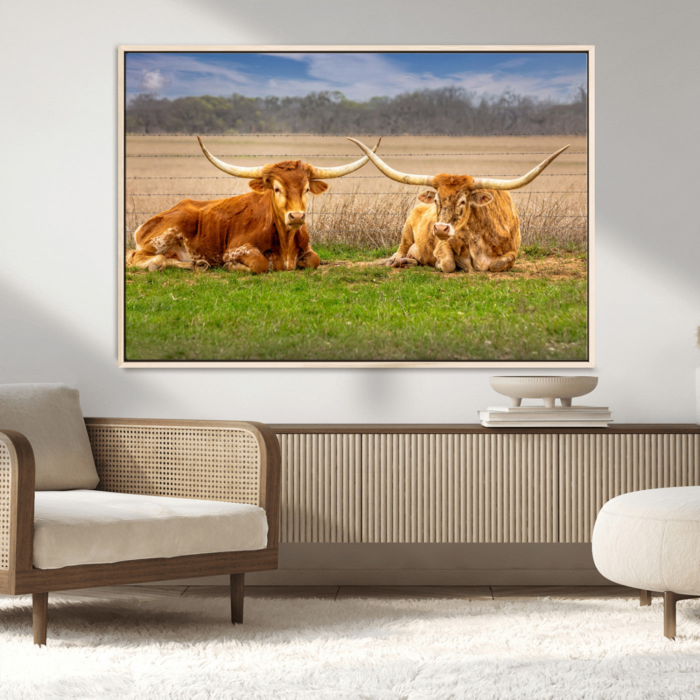 MGV-FC-36X24 - Texas Longhorn Pair Wall Art Canvas Print – Peaceful Rustic Ranch Scene with Two Cattle in Field,