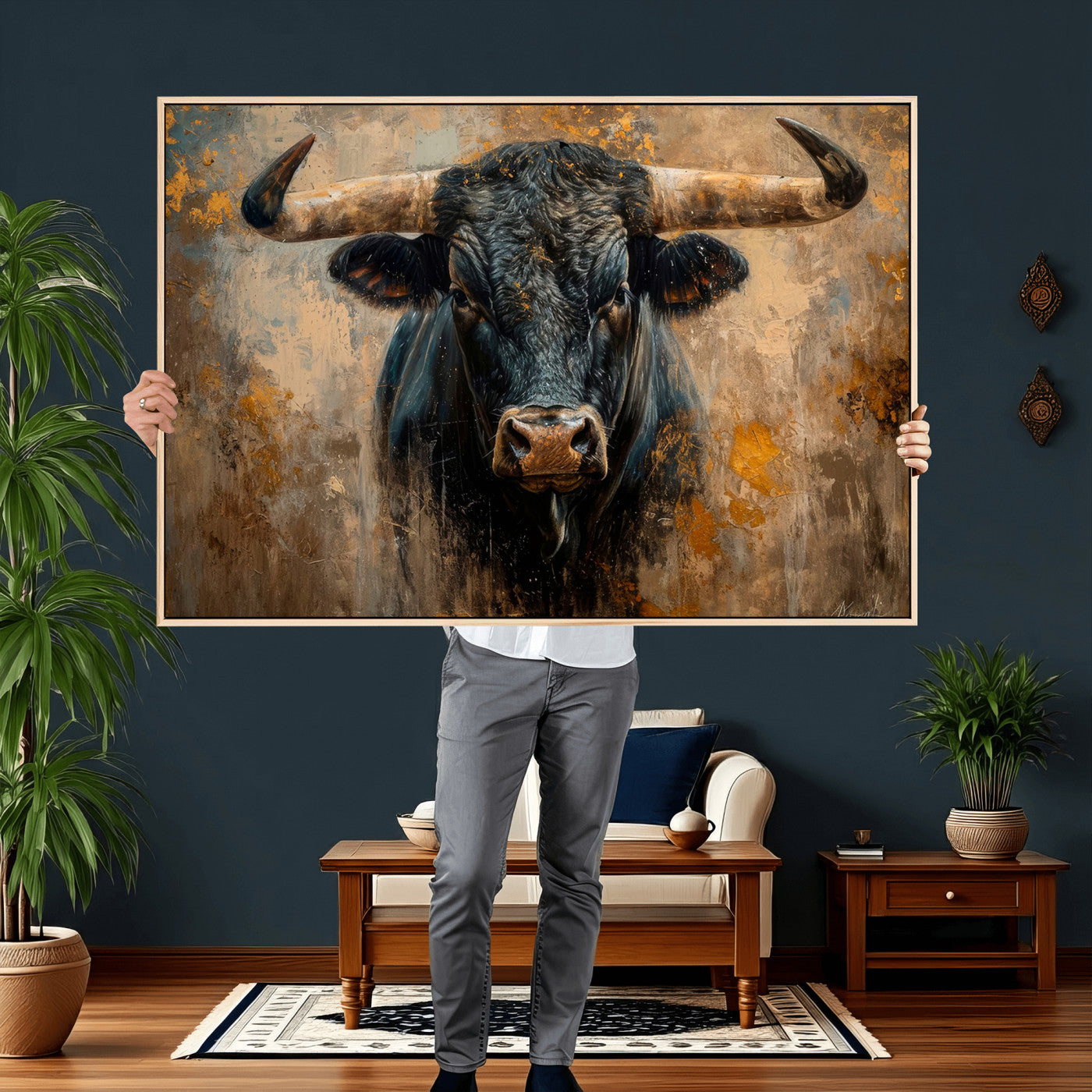 91615410-MGV-CV-36X24 - Abstract Texas Longhorn Bull Wall Art – Rustic Farmhouse Canvas Print, Western Cabin Style Decor, Large Animal Artwork for Living Room or Office