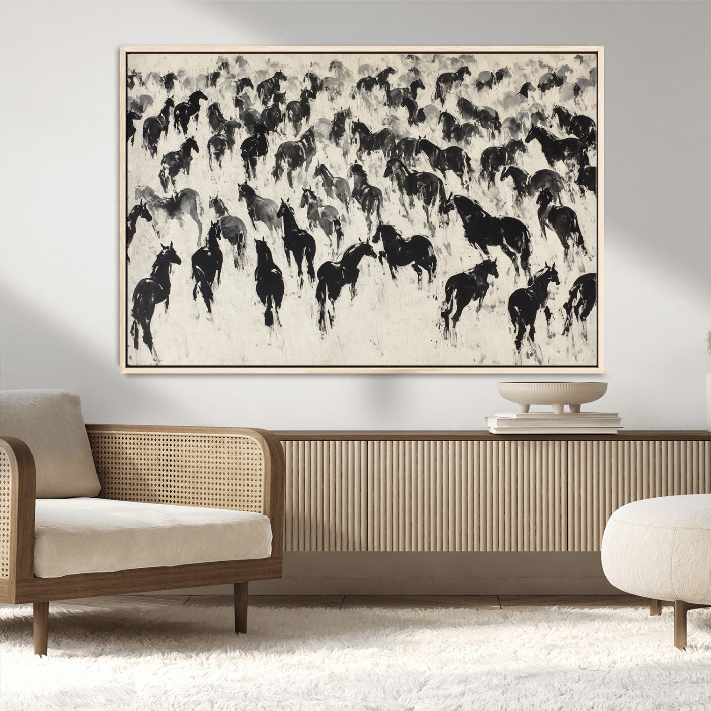 MGV-FC-36X24 - Wild Horse Stampede Wall Art Canvas Print – Monochrome Ink Brush Painting of Running Horses, Perfect