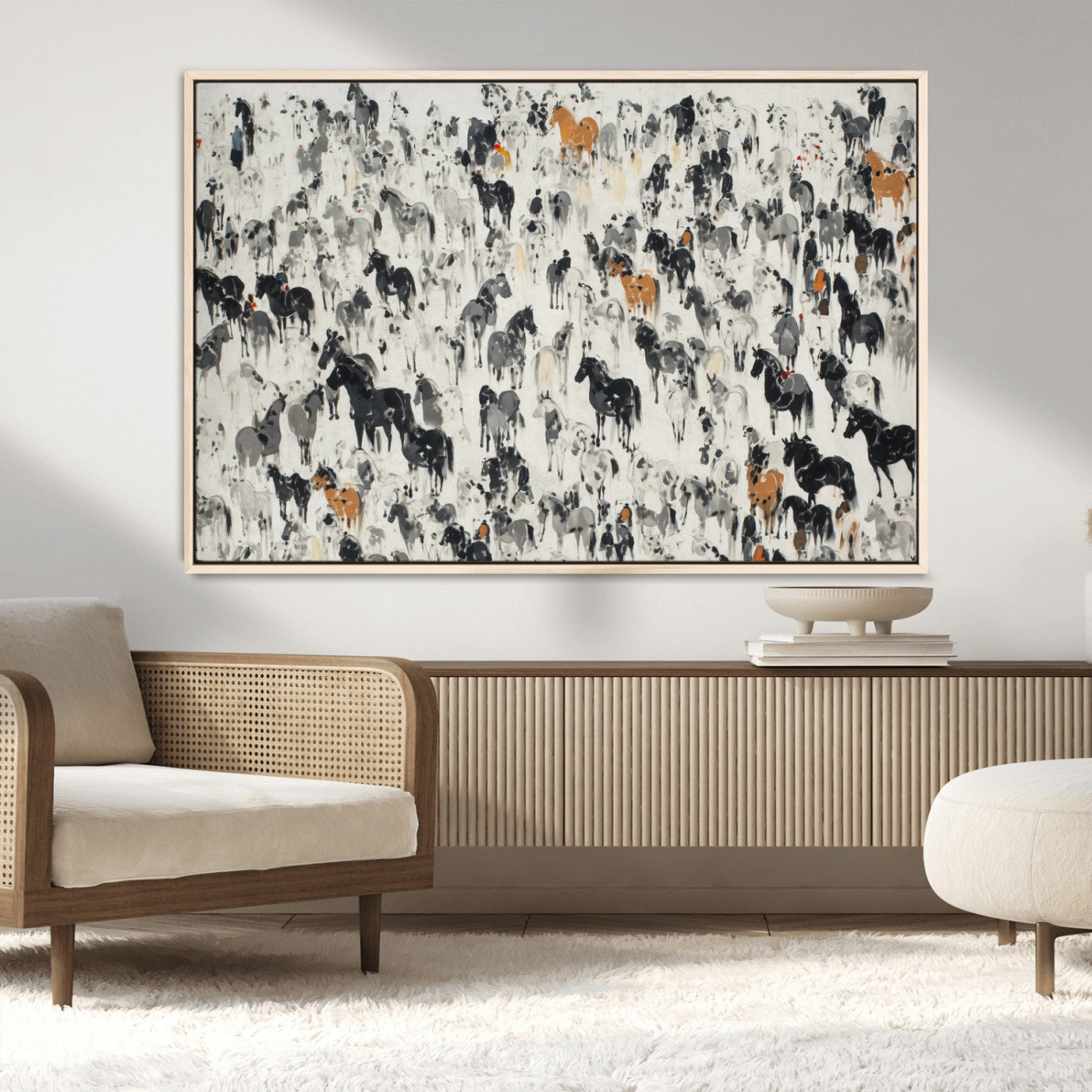 MGV-FC-36X24 - Wild Horse Stampede Wall Art Canvas Print – Monochrome Ink Brush Painting of Running Horses, Perfect