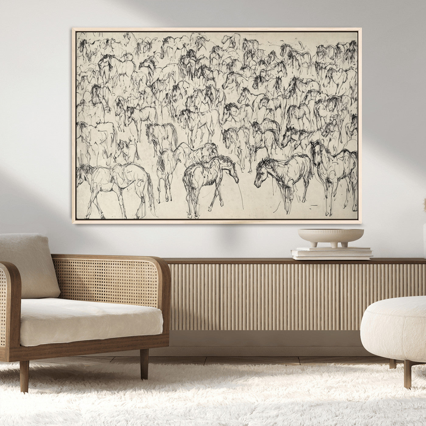 MGV-FC-36X24 - Wild Horse Stampede Wall Art Canvas Print – Monochrome Ink Brush Painting of Running Horses, Perfect