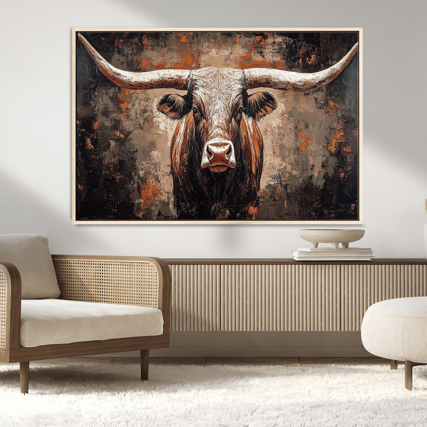 42732393-MGV-CV-36X24-Rustic Longhorn Bull Wall Art Canvas Print – Vintage Western Cattle Painting, Texas Steer Artwork for Ranch, Farmhouse or Cowboy Decor