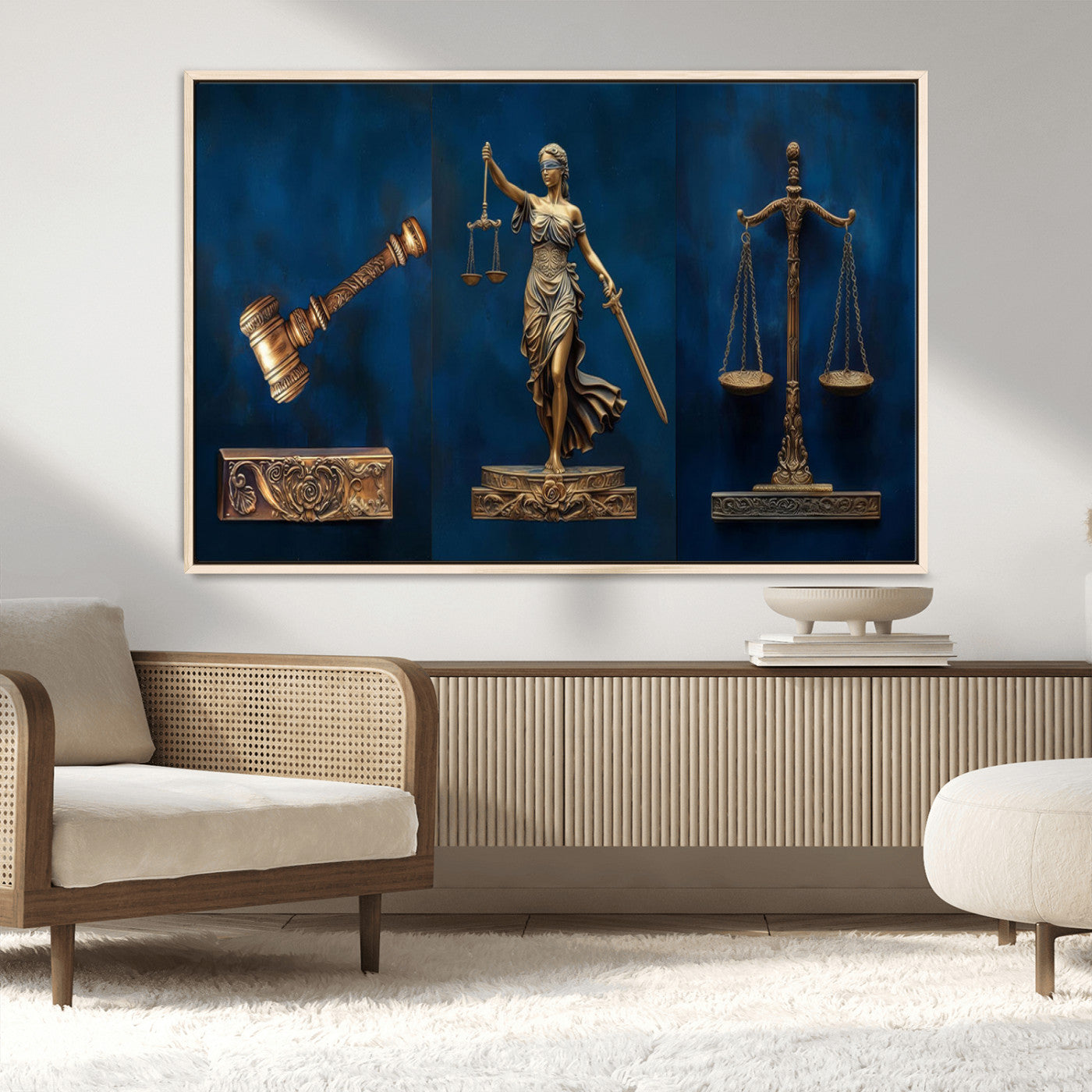 MGV-FC-36X24 - Lady Justice Wall Art Canvas Print – Elegant Gold Legal Symbols on Blue Background, Perfect for Law