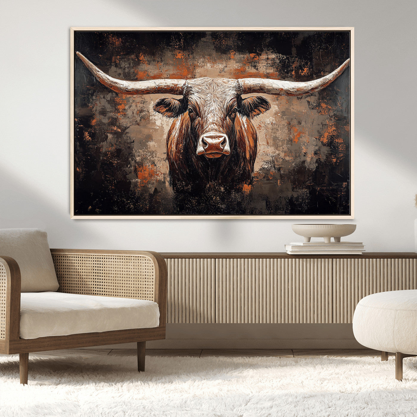 MGV-FC-36X24 - Rustic Longhorn Bull Wall Art Canvas Print – Vintage Western Cattle Painting, Texas Steer Artwork for Ranch, Farmhouse or Cowboy Decor
