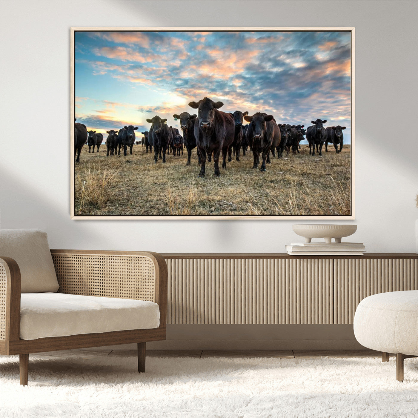 13867292-MGV-CV-36X24-Texas Longhorn Cattle Wall Art Canvas Print – Rustic Western Ranch Scene with Steers at Sunset, Perfect for Farmhouse or Cowboy Decor