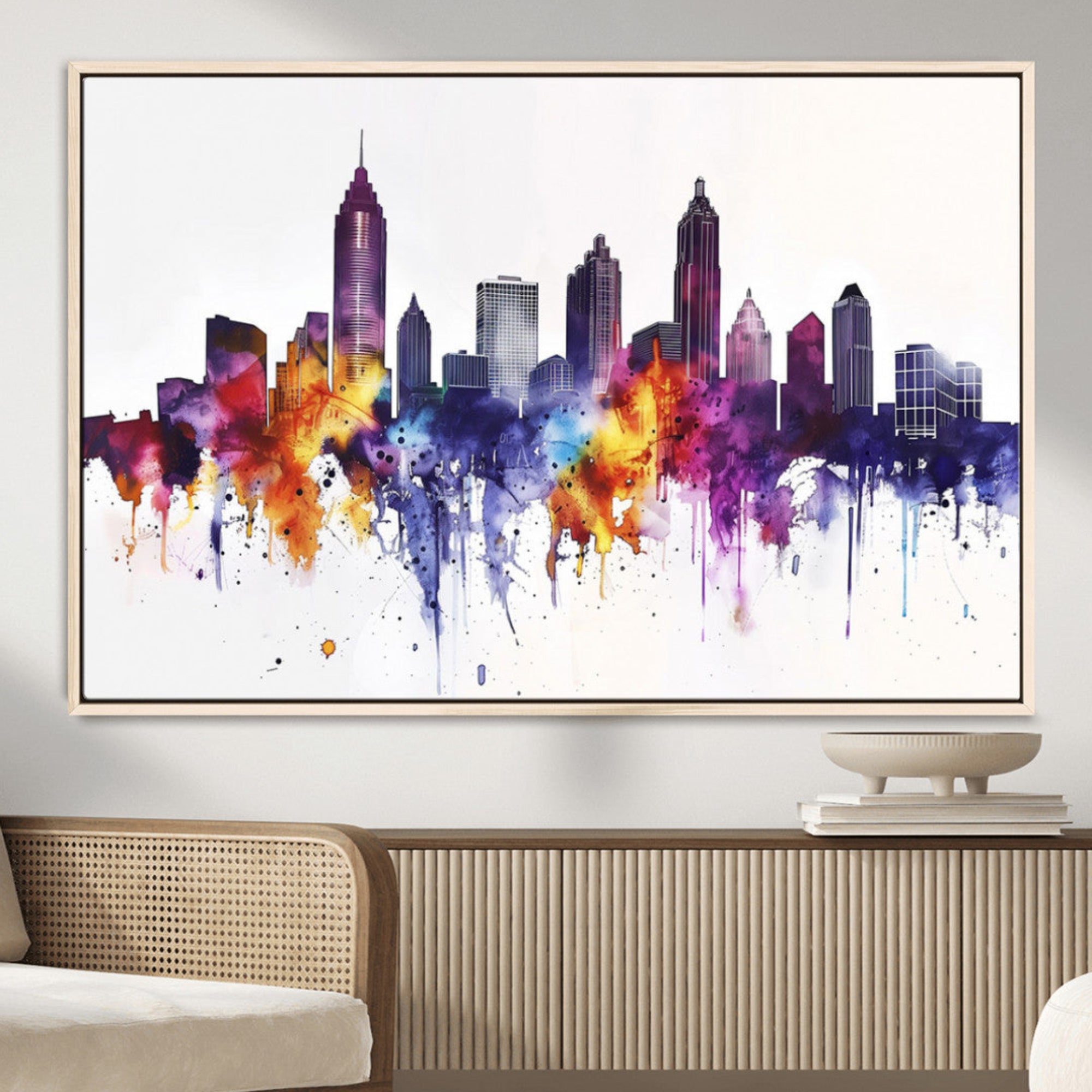 34479880-MGV-CV-36X24-Atlanta Skyline Wall Art Canvas Print – Framed Colorful Watercolor Cityscape Artwork for Home, Office, Living Room