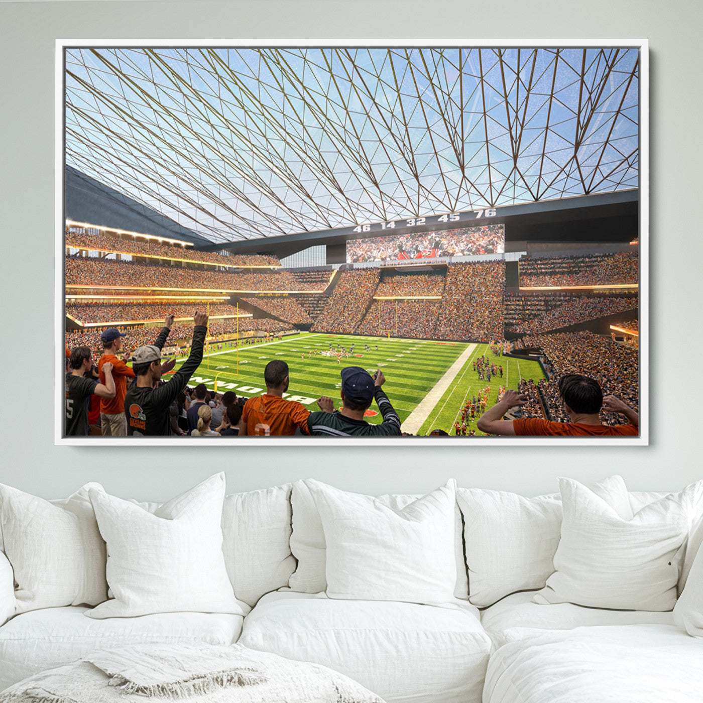 81960112-MGV-FC-36X24_White-Cleveland Browns Stadium Wall Art Canvas Print – Framed Football Artwork Featuring Cleveland Skyline and Browns Stadium, Perfect for Man Cave or Game Room Decor