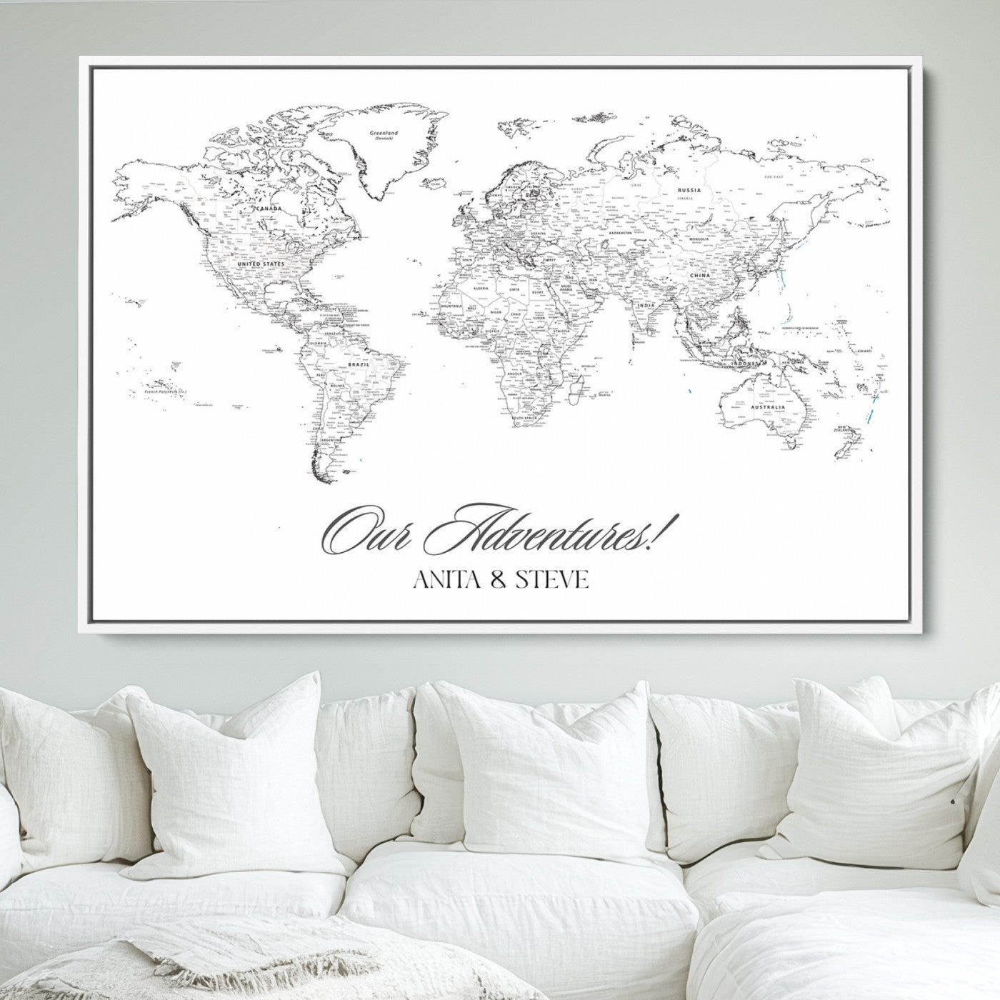 CSTM5001-MGV-FC-36X24_White-Personalized Push Pin World Map Wall Art, Custom Map Canvas Print, Adventure Black White Travel Decor for Couples for Anniversaries
