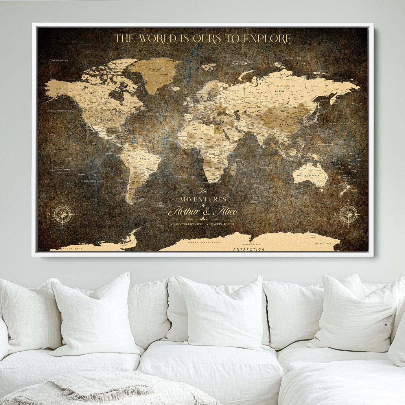 76675404-MGV-FC-36X24_White-Framed Push Pin World Travel Map – Canvas Wall Art for Tracking Adventures, Decorative Vintage Style Map with Pins for Home or Office - H1