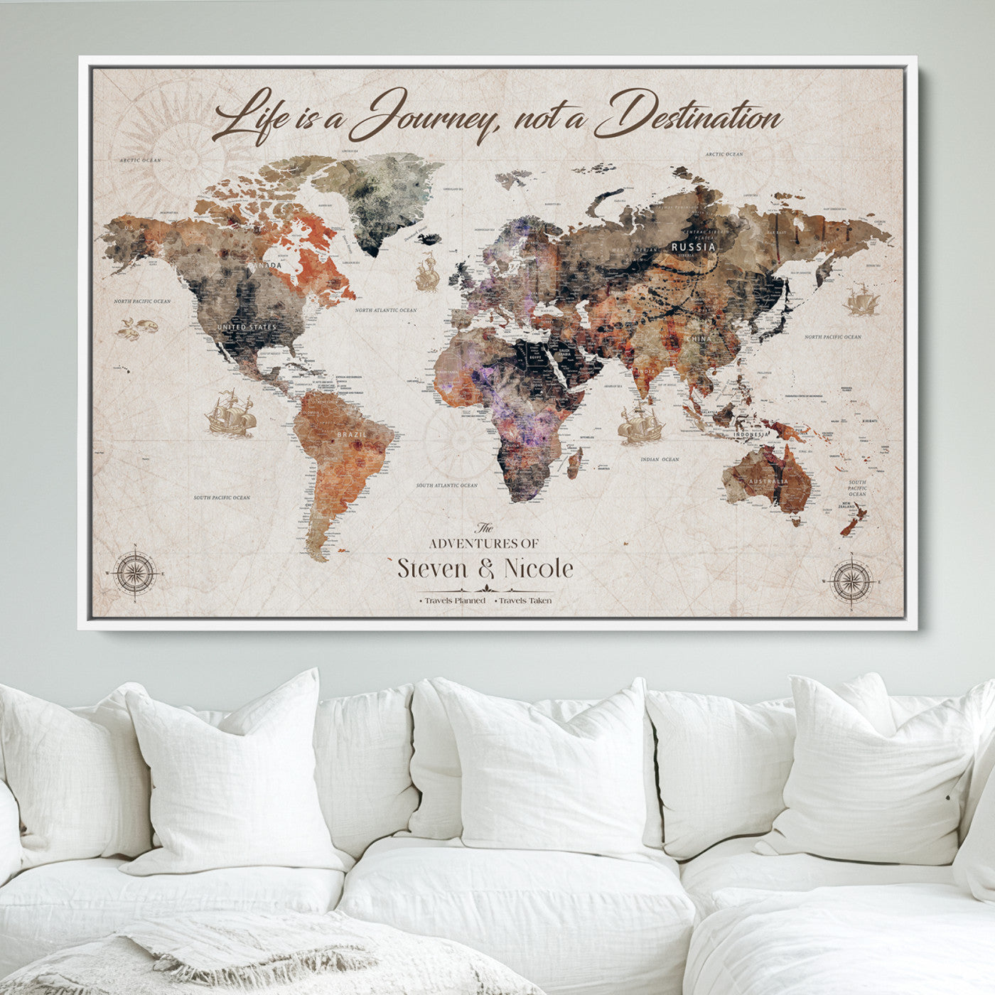 96000140-MGV-FC-36X24_White-Canvas Travel Map with Pins – Framed Wall Art to Track Countries and Cities, Beautiful World Map in Rustic Old Style for Decoration - H14