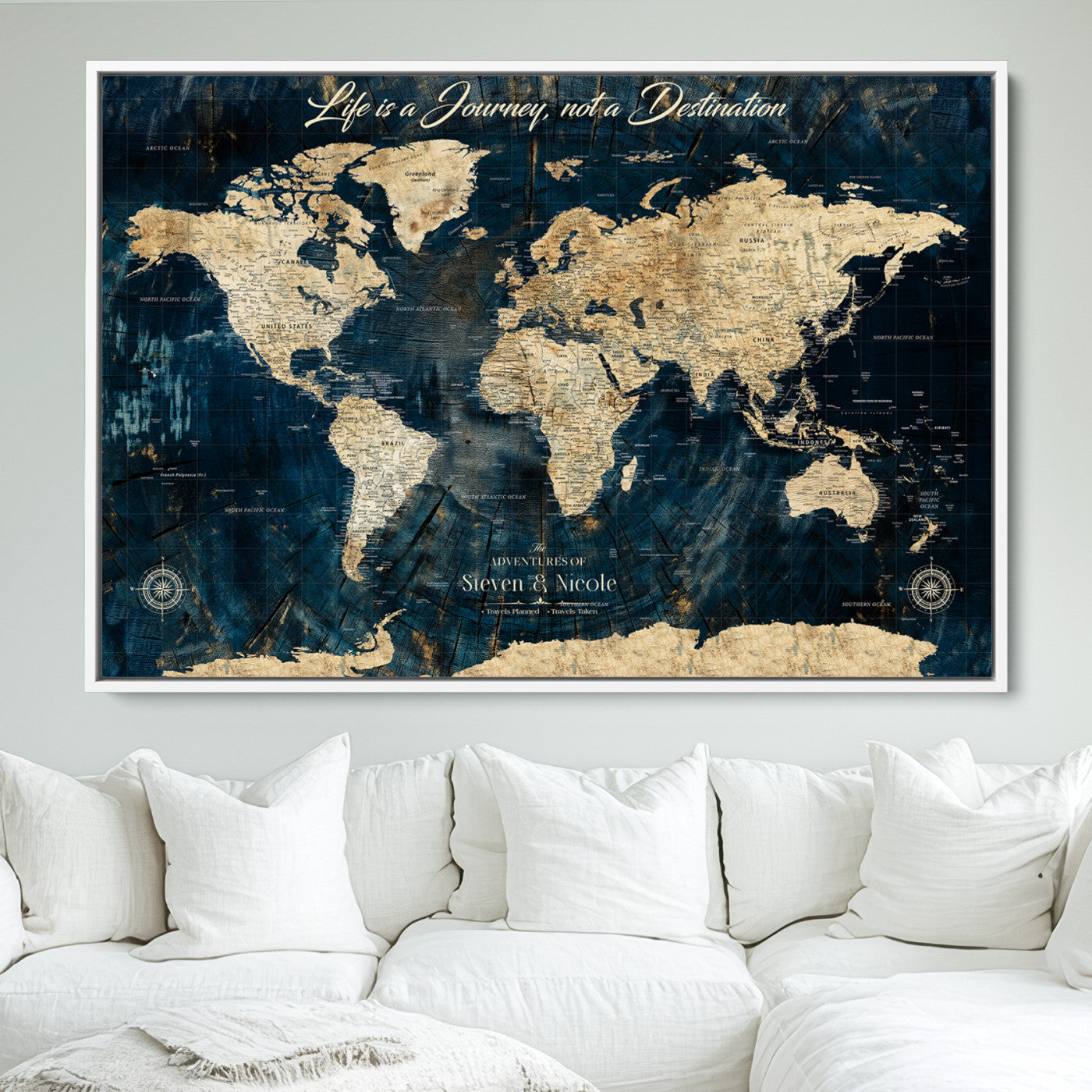 23551206-MGV-CV-36X24-Custom Push Pin World Map Wall Canvas Print – Personalized Travel Tracker with Pins – Framed Large Multi-Size Canvas for Home Office Decor