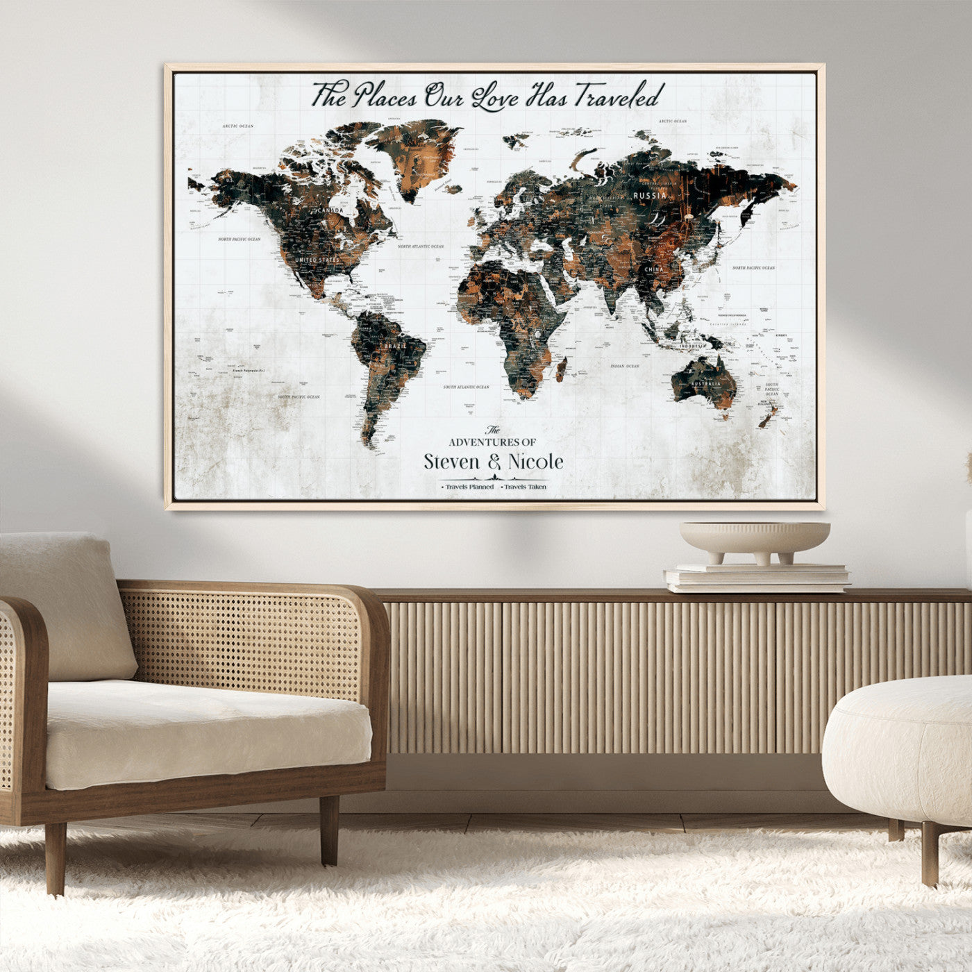 89231588-MGV-CV-36X24-World Travel Map with Pins – Framed Canvas Print to Track Adventures and Create a Visual Travel Journal, Ideal Wall Art for Home - H17