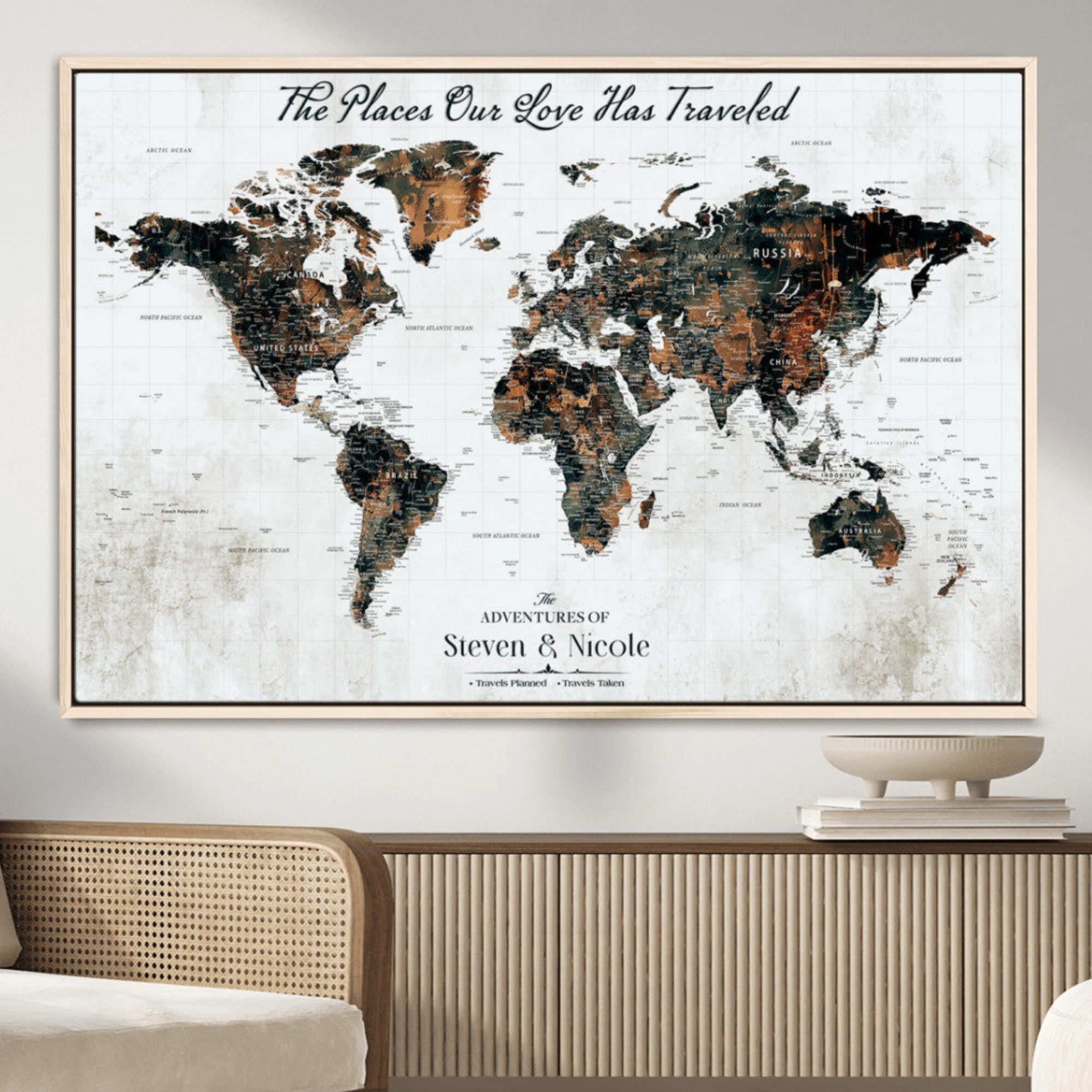 89231588-MGV-CV-36X24-Personalized Push Pin World Map Canvas – Custom Framed Travel Tracker Wall Art, Large Adventure Map with Pins for Home, Office