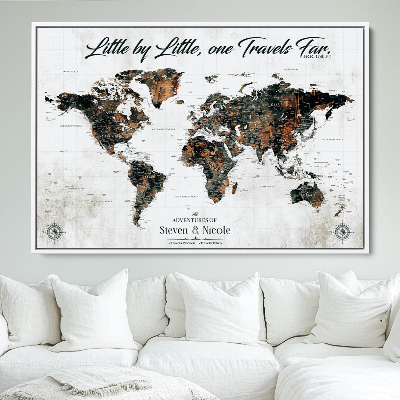 89231588-MGV-FC-36X24_White-World Travel Map with Pins – Framed Canvas Print to Track Adventures and Create a Visual Travel Journal, Ideal Wall Art for Home - H17