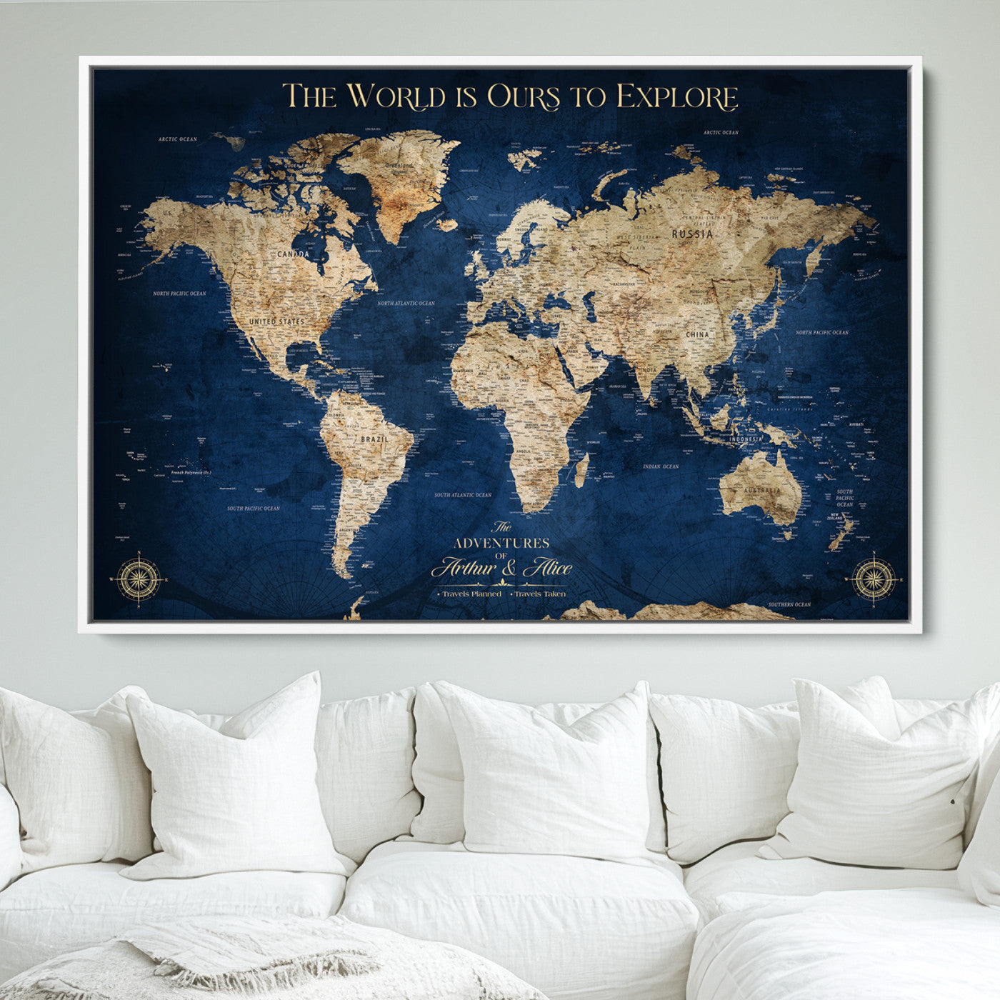 10181149-MGV-CV-36X24-Custom Push Pin World Map Wall Canvas Print – Personalized Travel Tracker with Pins – Framed Large Multi-Size Canvas for Home Office Decor
