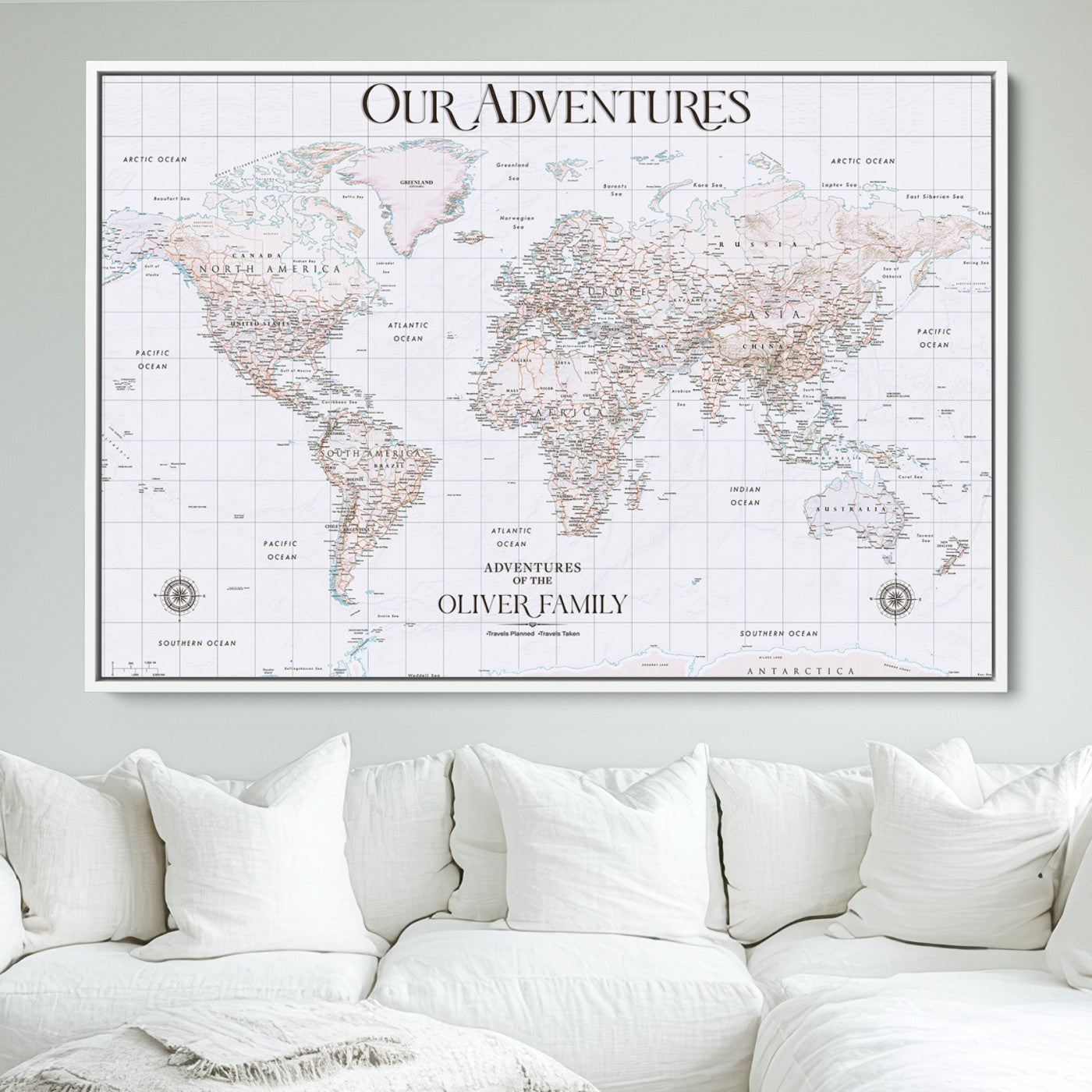 40041157-MGV-CV-36X24-Custom Push Pin World Map Wall Canvas Print – Personalized Travel Tracker with Pins – Framed Large Multi-Size Canvas for Home Office Decor