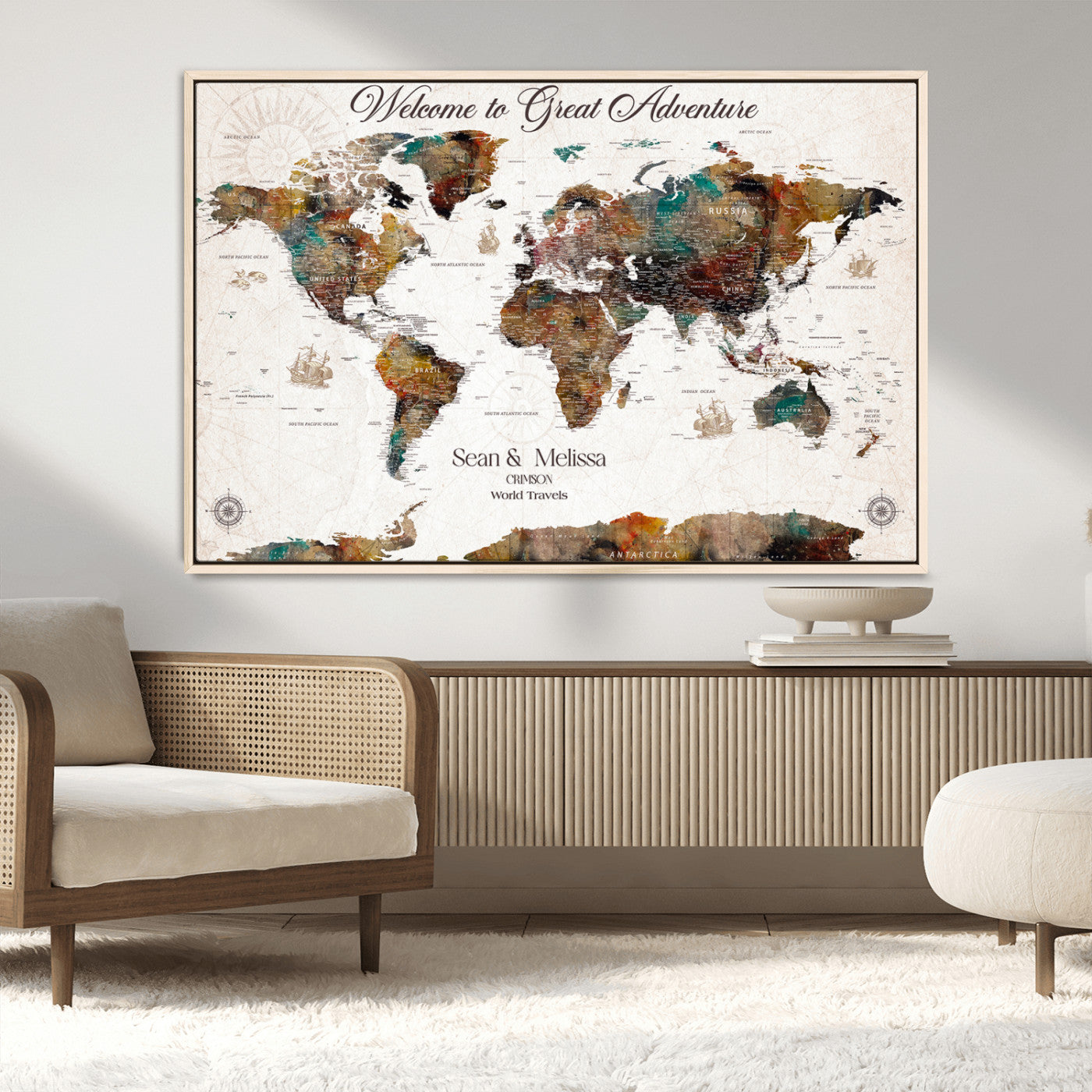 92462592-MGV-CV-36X24-Customize Push Pin World Map Wall Canvas Print – Personalizable Travel World Map with Pins – Framed Personalized Map Print for Couple Gift - H31