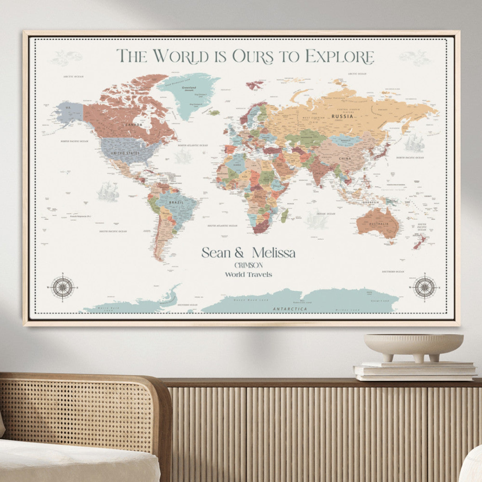 Rehber01-MGV-CV-36X24-Custom Push Pin World Map Wall Art Canvas Print – Personalized Travel Tracker with Pins Framed Large for home, office