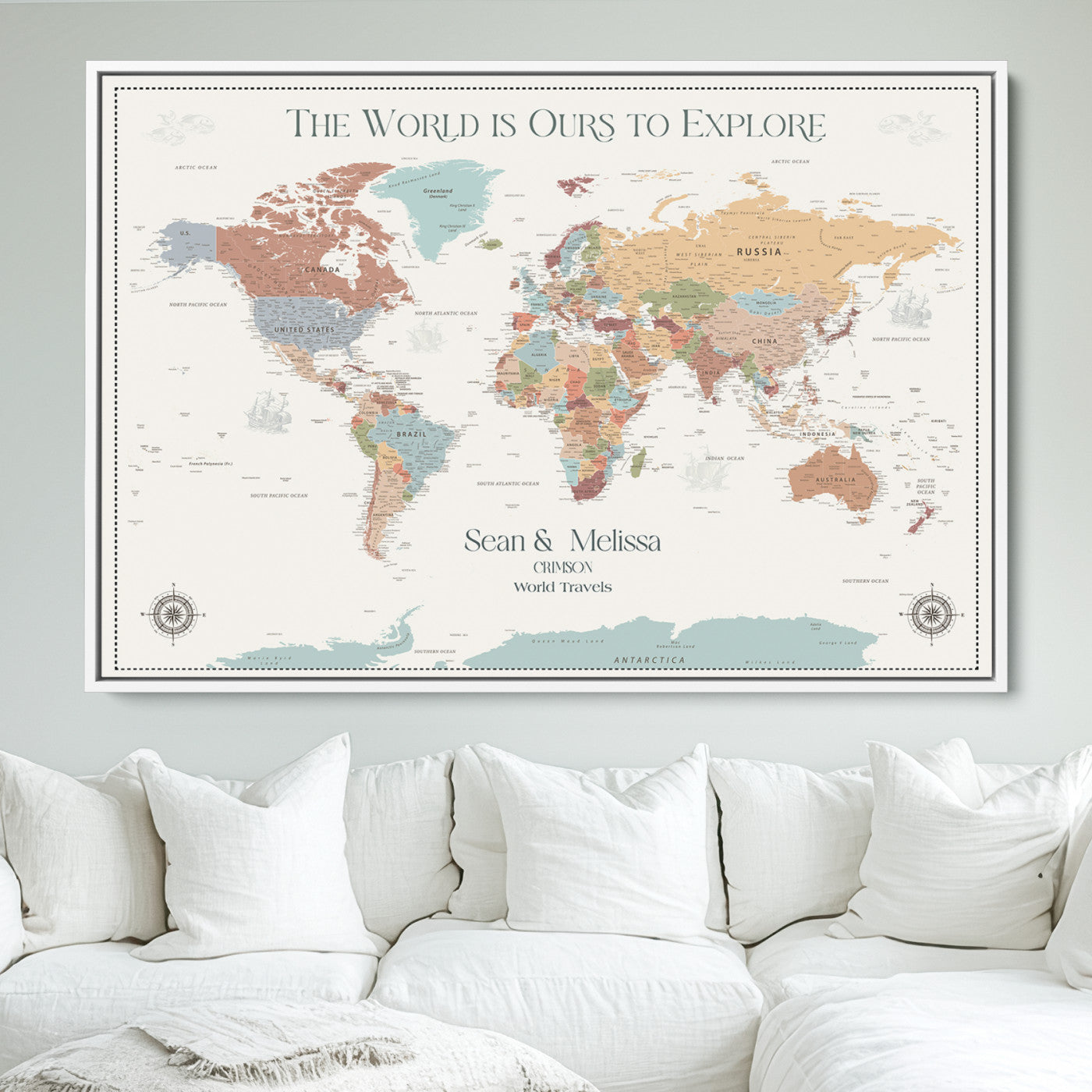 90968866-MGV-FC-36X24_White-Custom Push Pin World Map Wall Canvas Print – Personalized Travel Tracker with Pins – Framed Large Multi-Size Canvas for Home Office Decor