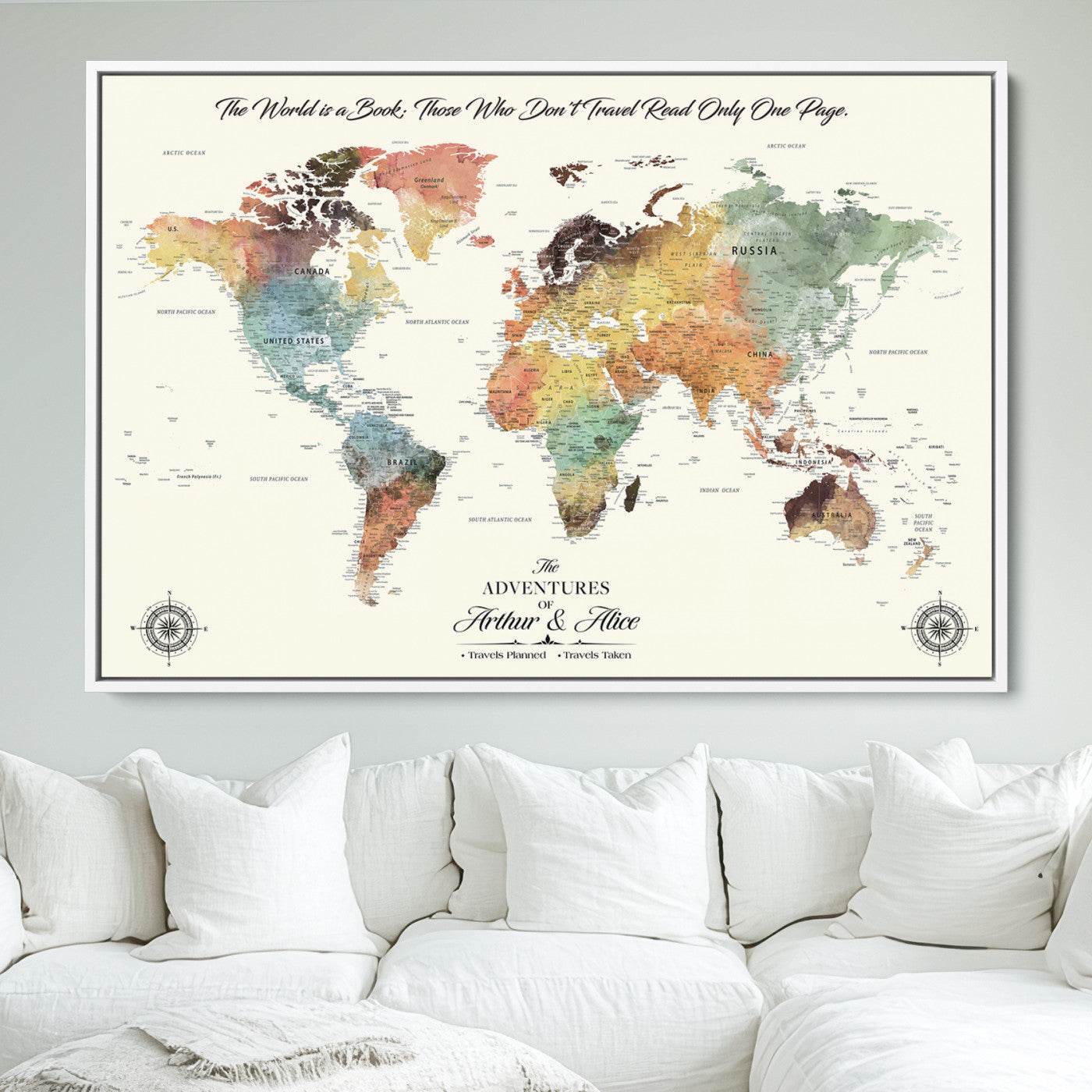 40183091-MGV-FC-36X24_White-Custom Framed World Map Canvas Print – Personalized Push Pin Travel Tracker Gift for Couples, Weddings, or Anniversary Celebrations