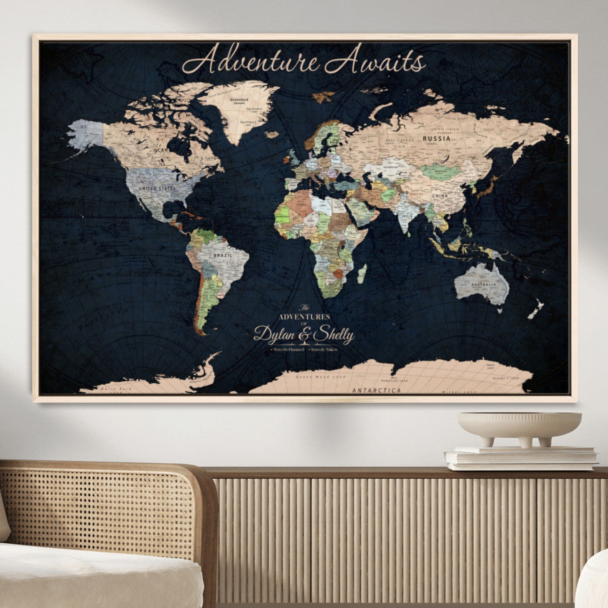 Rehber01-MGV-CV-36X24-Personalized World Map Canvas Print – Framed Push Pin Travel Wall Art for Couples – Adventure & Anniversary Gift
