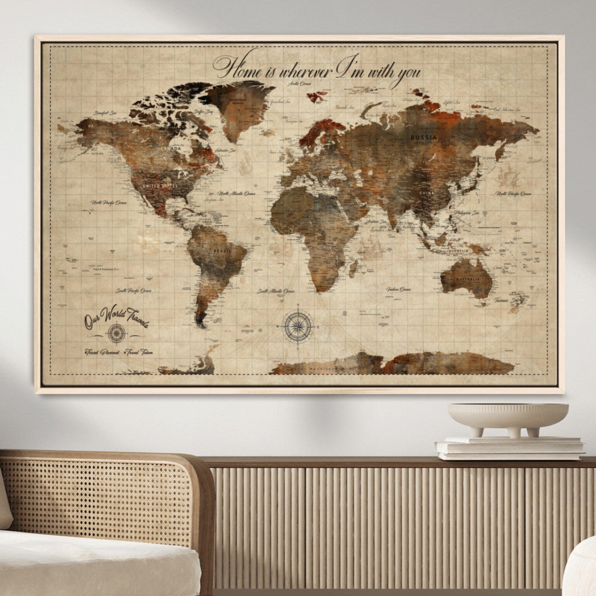 Rehber01-MGV-CV-36X24-Personalized World Map Canvas Print – Custom Push Pin Framed Travel Map Wall Art, Unique Gift for Couples or Home Decor