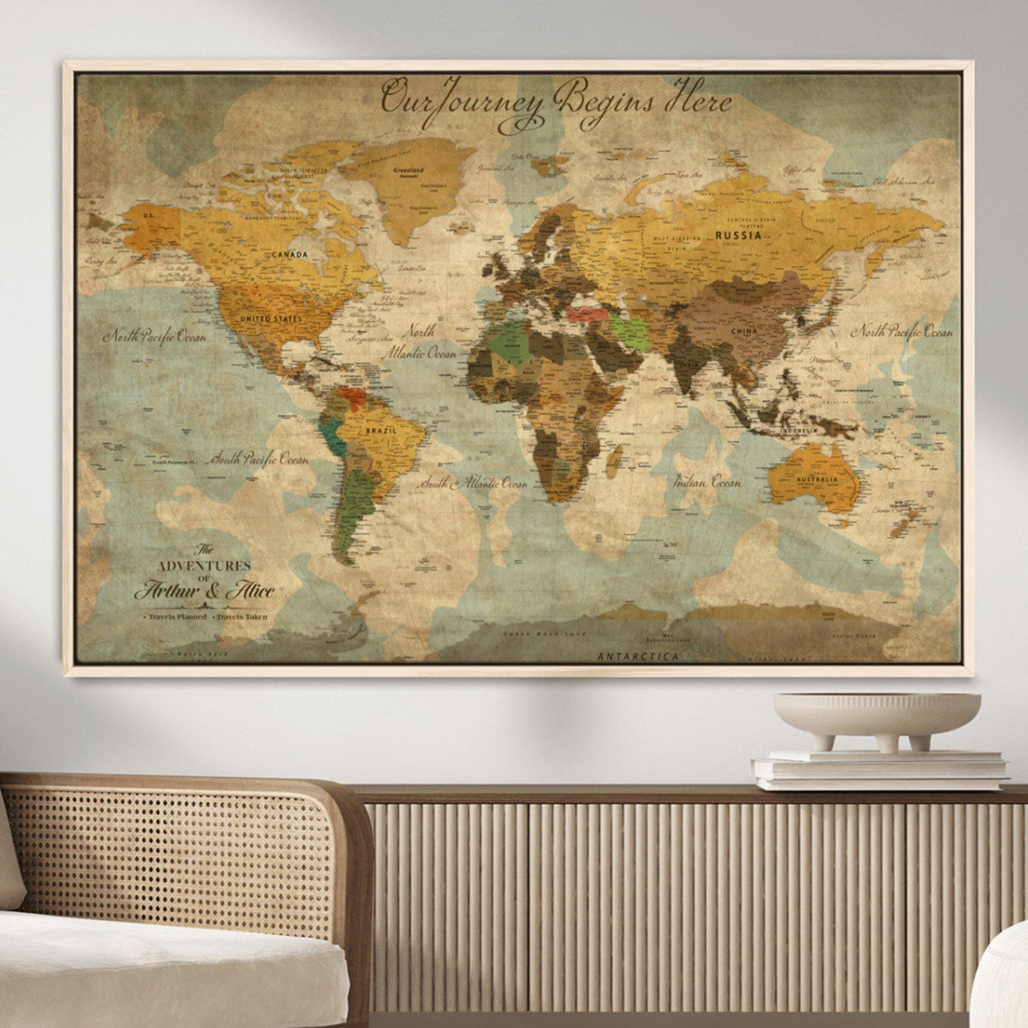 Rehber01-MGV-CV-36X24-Personalized World Map Canvas Wall Art – Custom Framed Push Pin Travel Tracker Print, Unique Gift for Home or Office Decor