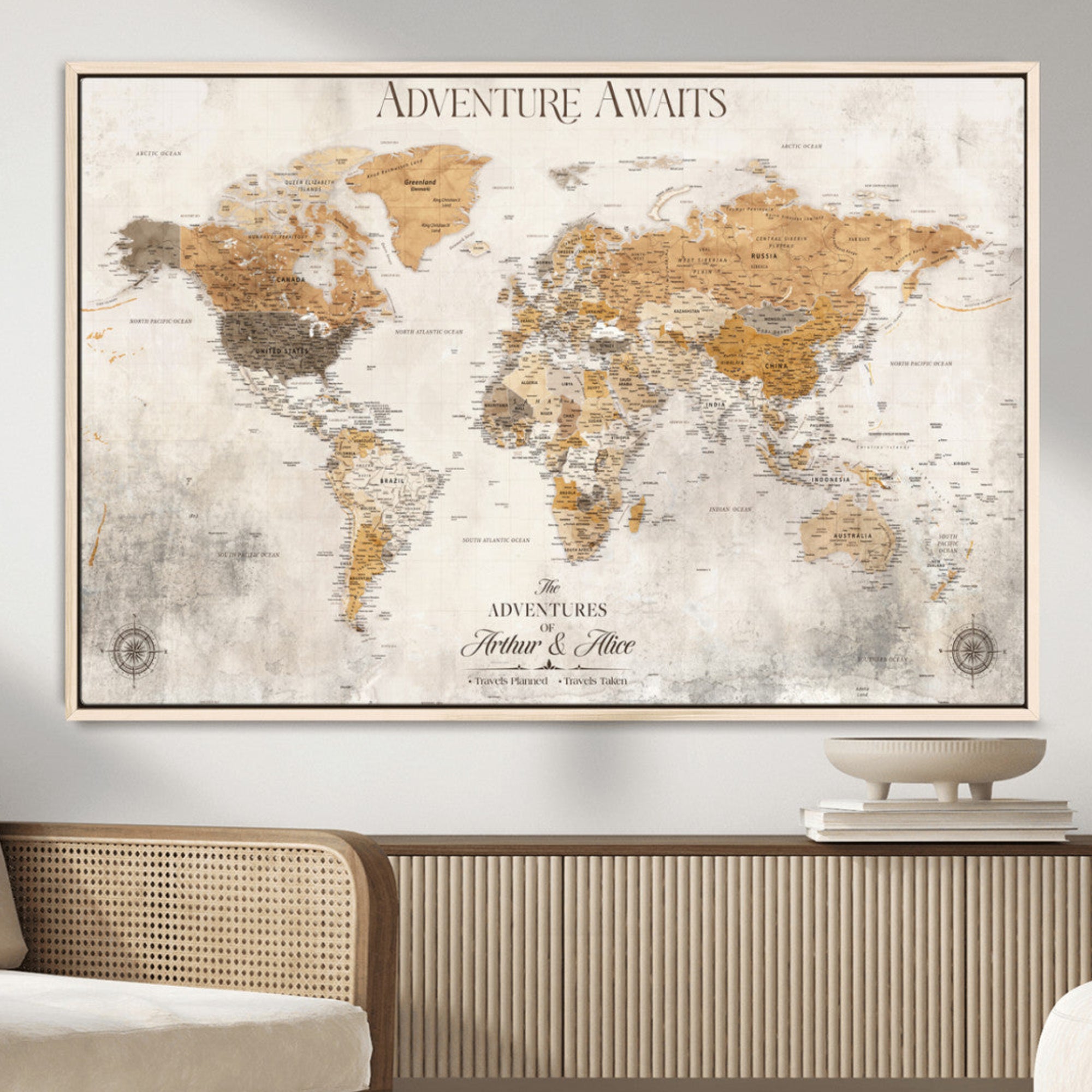 Rehber01-MGV-CV-36X24-Personalized World Map Canvas Print – Custom Push Pin Travel Map Vintage Neutral Style Gift for Couples Travelers for Home Office