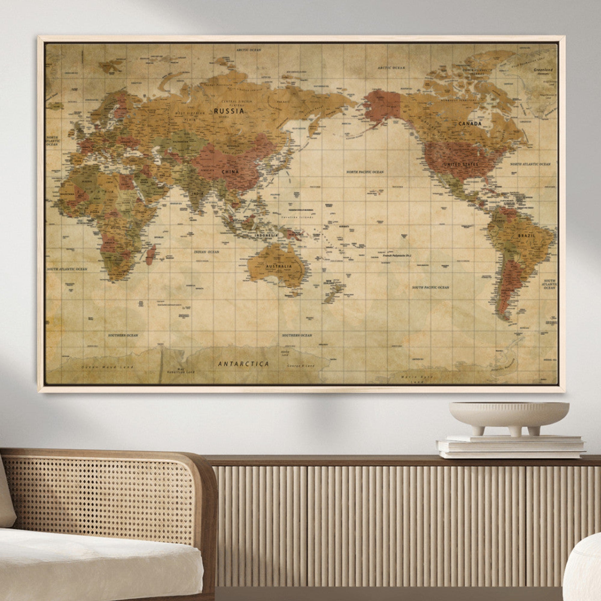 Rehber01-MGV-CV-36X24-Vintage Push Pin World Map Canvas Print – Framed Rustic Travel Tracker Wall Art for Home, Office, or Explorer Decor