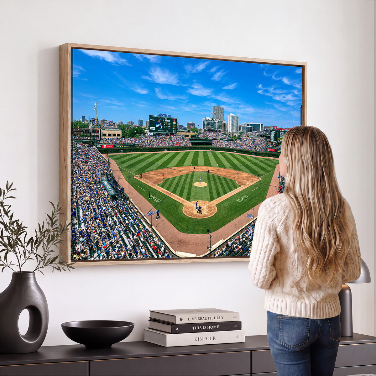 35800083-MGV-CV-36X24 - Wrigley Field Baseball Stadium Canvas Wall Art, Packed Crowd and Chicago Skyline