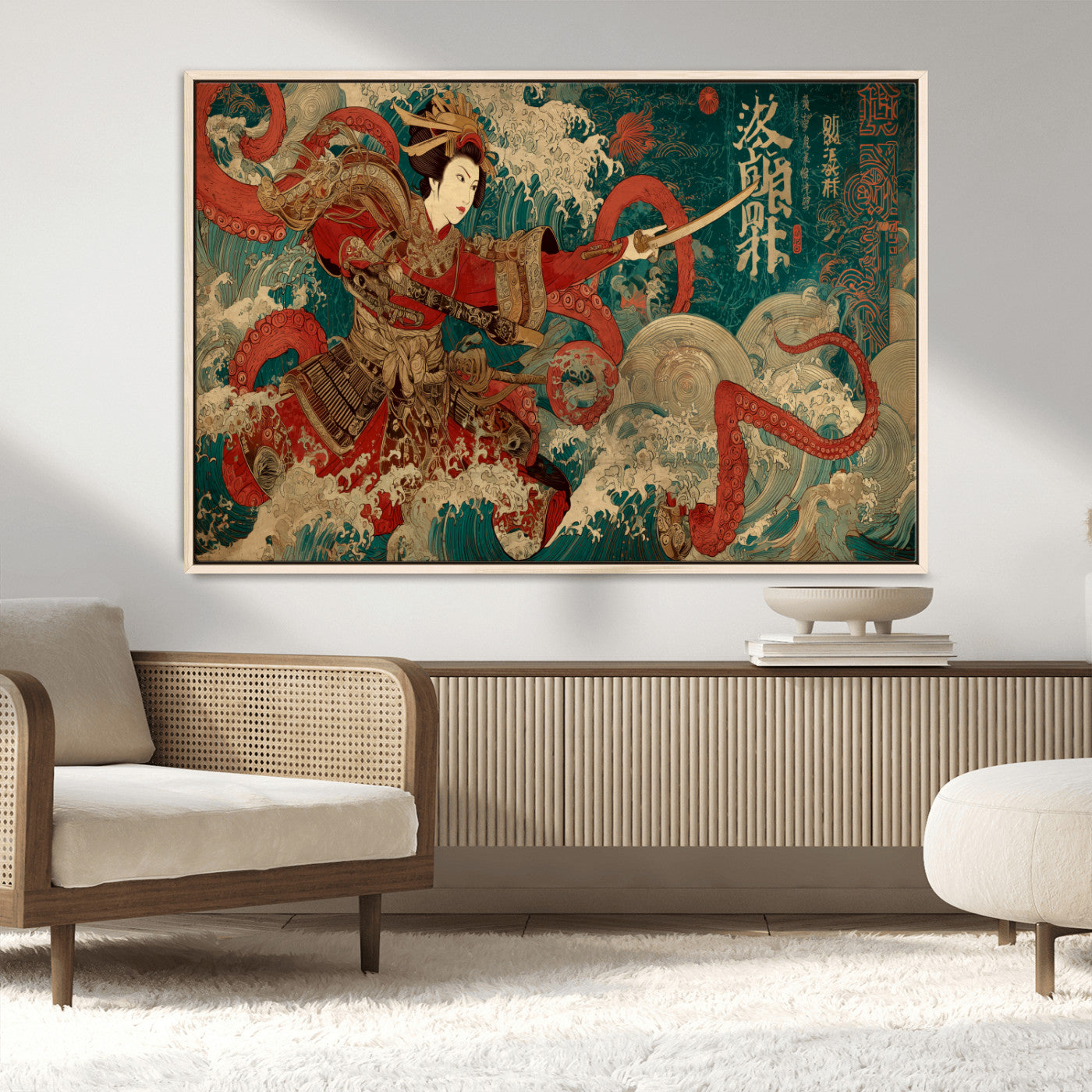 MGV-FC-36X24 - Tsukioka Yoshitoshi Samurai Wall Art Print, Japanese Katana Warrior Canvas Wall Art, Octopus Sea Monster Canvas Print,