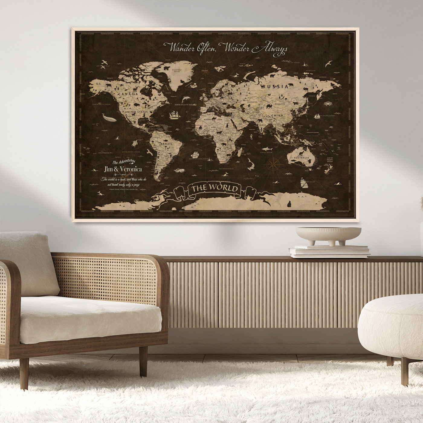 47004909-MGV-CV-36X24-Customize Push Pin World Map Wall Art Canvas Print – Personalized Map for Kids Room – Framed Custom Animal Map for Stady Room Decor