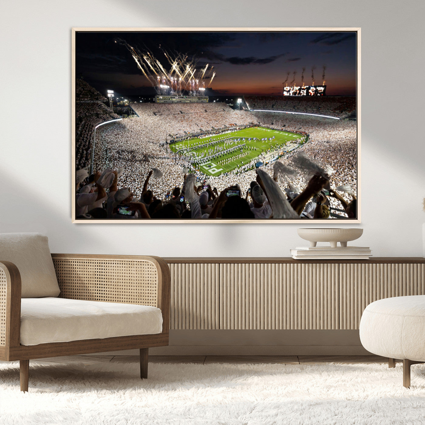 Penn State Stadium Wall Art Print, White Out Football Game Canvas Wall Art, Framed Sports Stadium, Large College Football Canvas Print for Game Room - Man Cave + 555