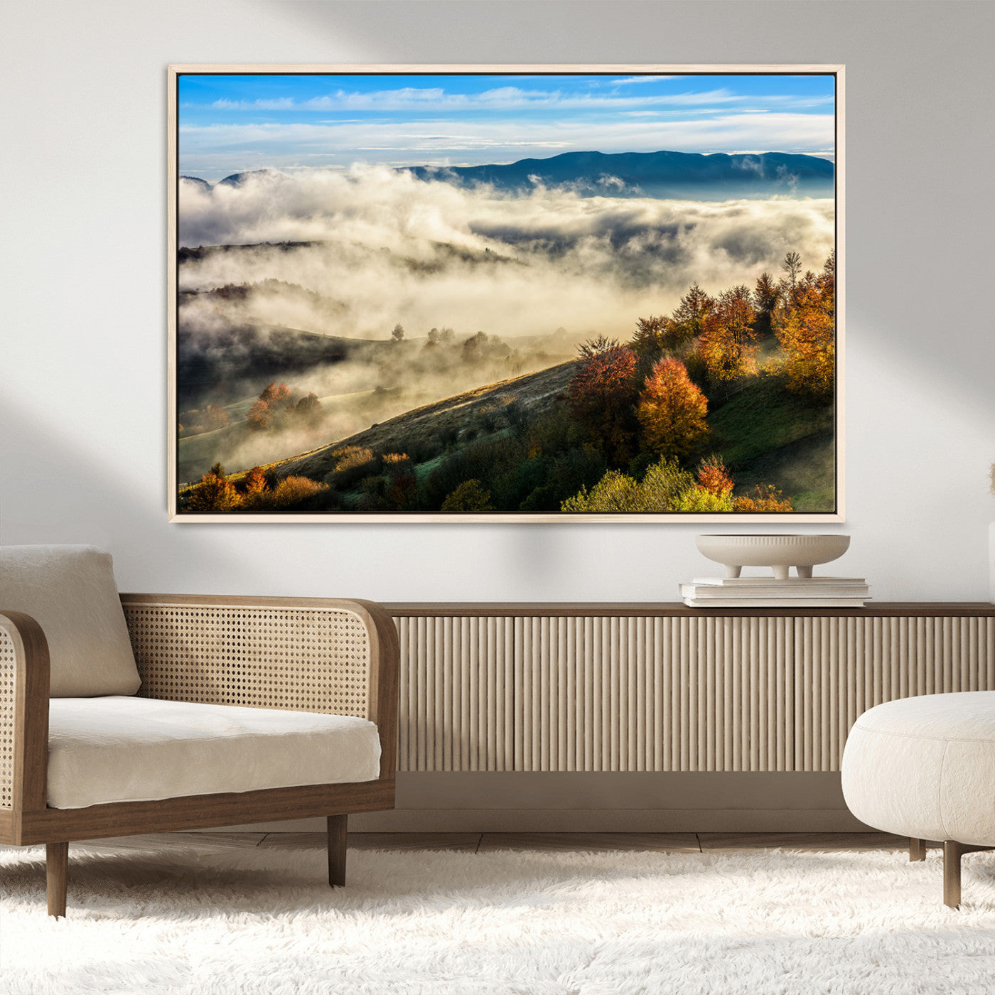 21551192-MGV-CV-36X24-Misty Autumn Hills Canvas Wall Art, Foggy Forest Landscape, Fall Foliage Beauty, Serene Mountain View, Cozy Home Decor, Office Tranquility, Nature Calm Print