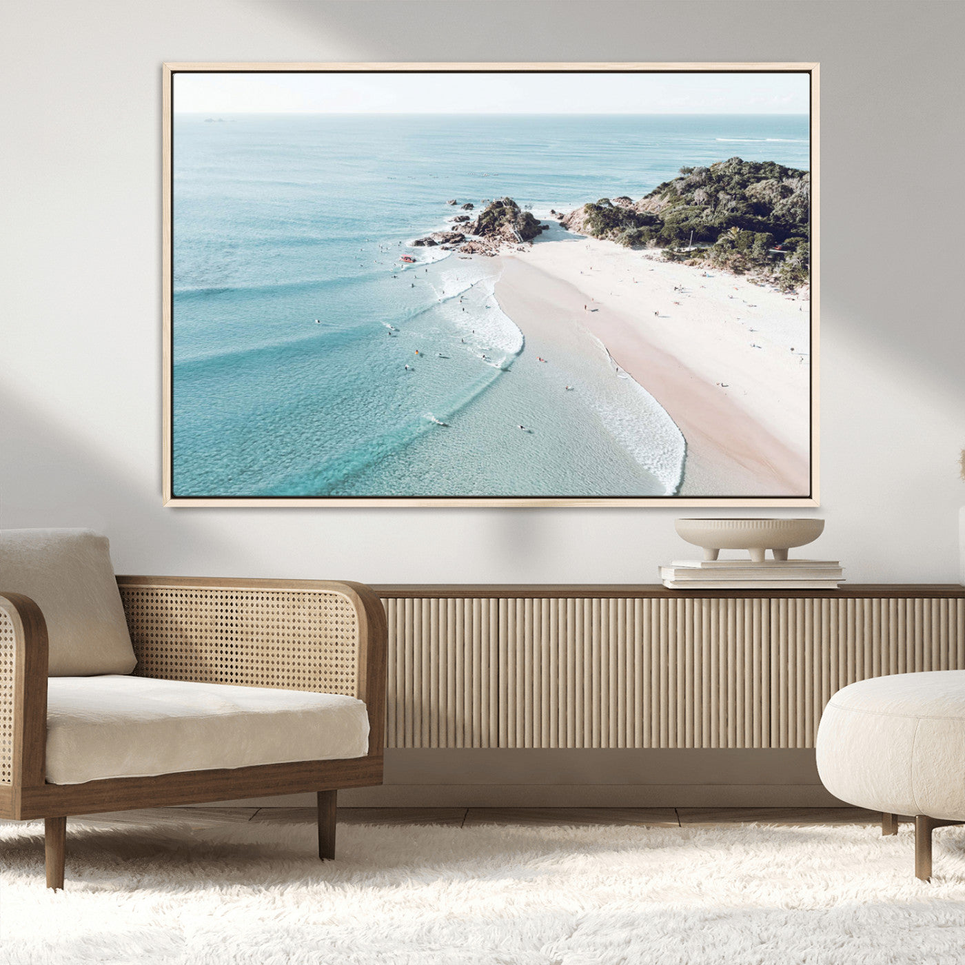 79395467-MGV-CV-36X24-Aerial Beach Canvas Wall Art Print, Coastal Ocean Waves and Surfers, Large Scenic Seaside Canvas for Home or Office 1 Panel Wrapped Canvas