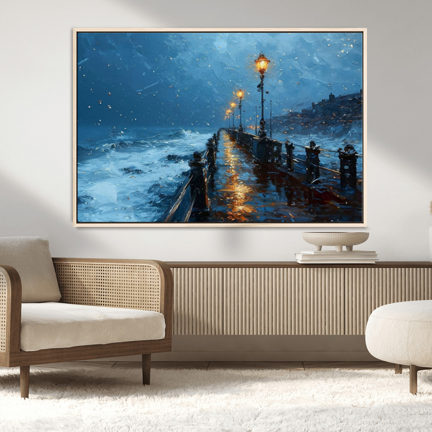 "Impressionistic painting of a stormy pier with street lamps glowing, waves crashing, and a misty ocean under a blue sky."