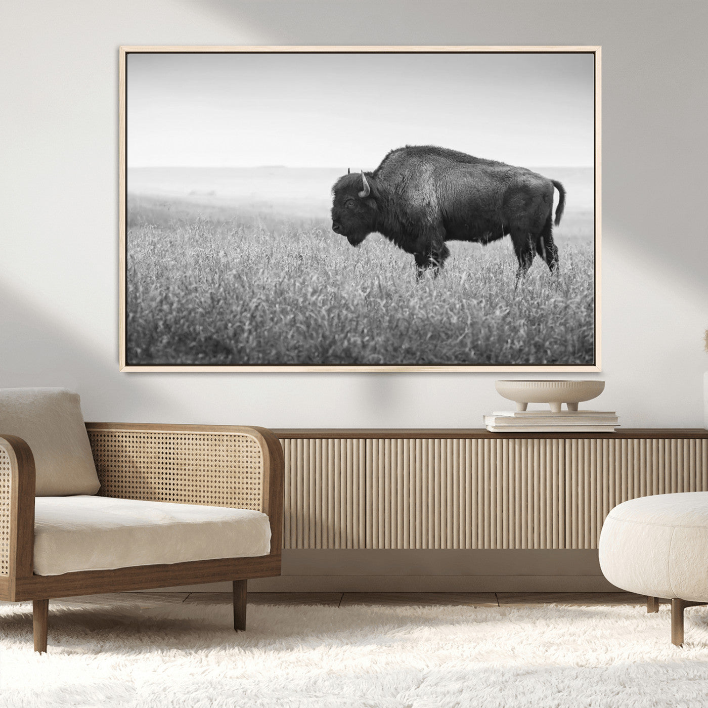 "Black and white image of a bison grazing in a vast field under an overcast sky."