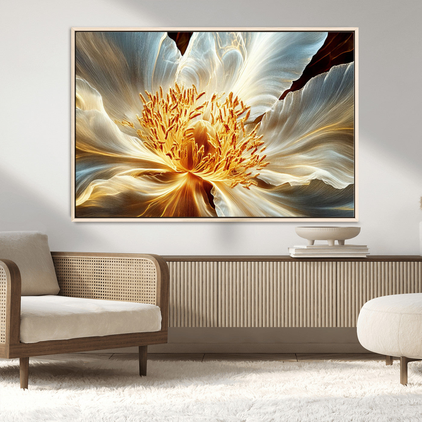 "Close-up of a glowing, abstract flower with delicate white petals and vibrant golden-yellow stamen against a dark background."