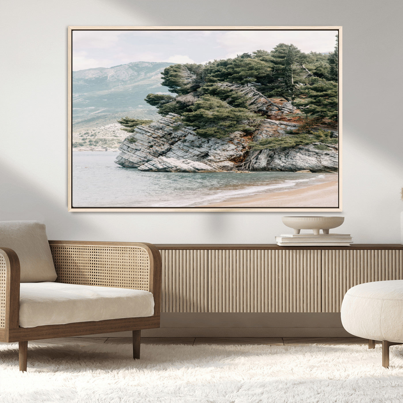 MGV-FC-36X24 - Coastal Rock Canvas Wall Art Print, Scenic Beach Landscape, Pine Trees on Rocky Cliff, Large Nature