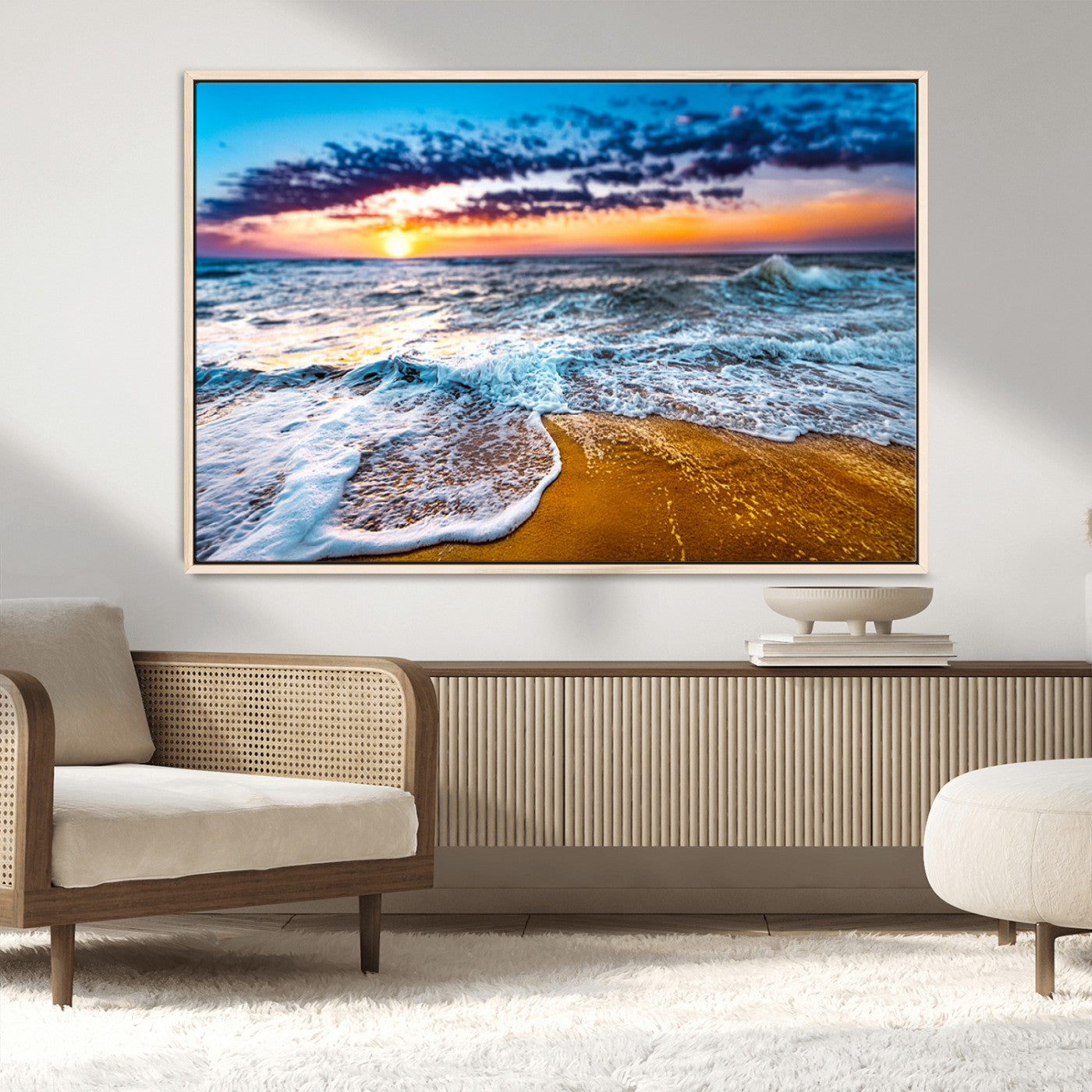Beautiful ocean shoreline at sunset with foamy waves washing onto golden sand under a colorful sky – Wall Art Canvas Print.