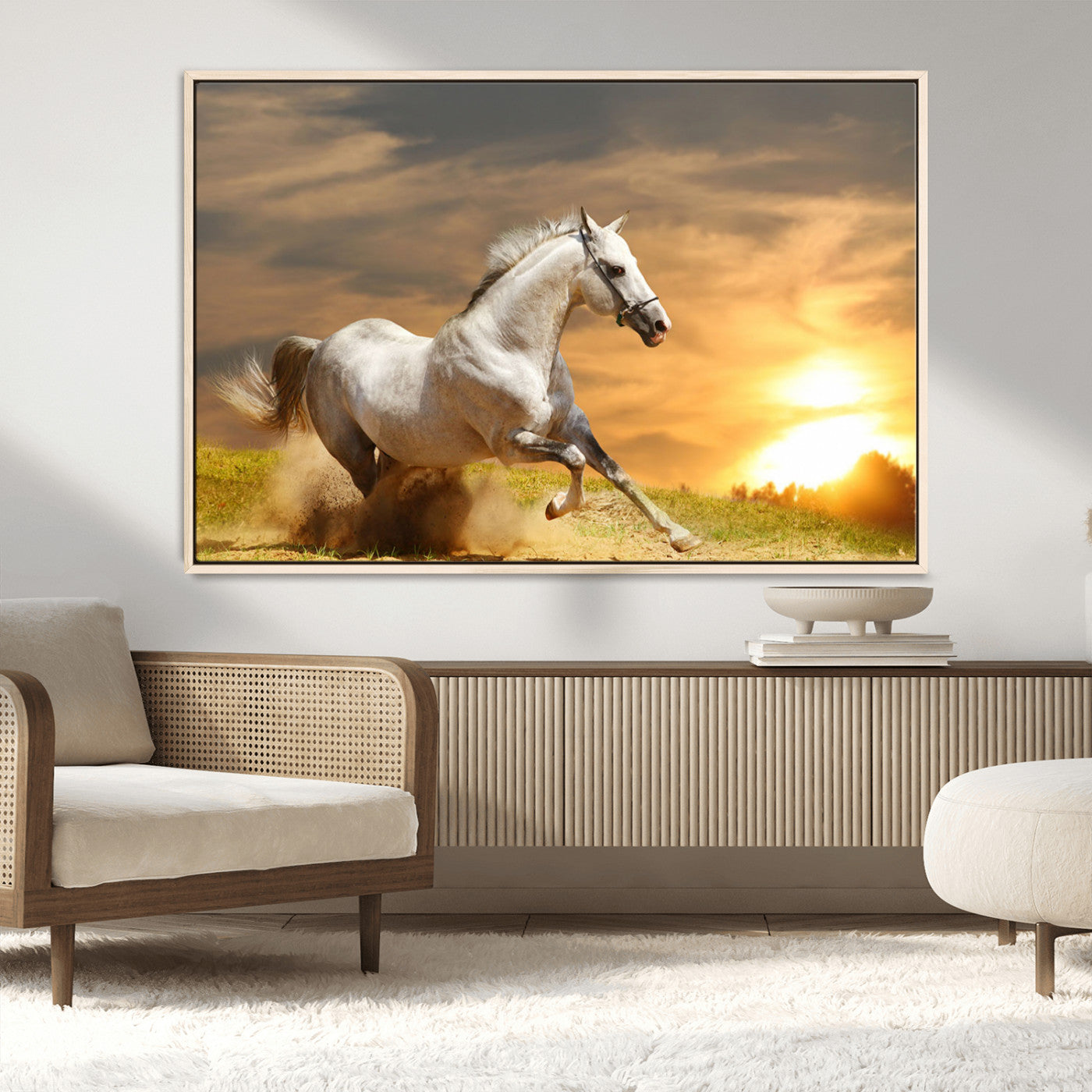 Powerful white horse galloping on a dusty field at sunset with a dramatic sky – Wall Art Canvas Print.
