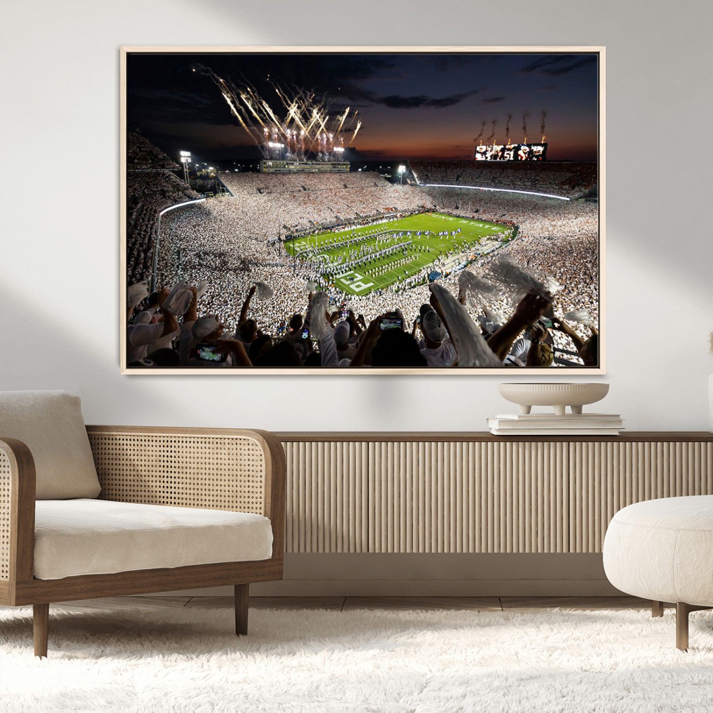 Panoramic view of a packed football stadium during a night game with a firework display and marching band performance – Wall Art Canvas Print.