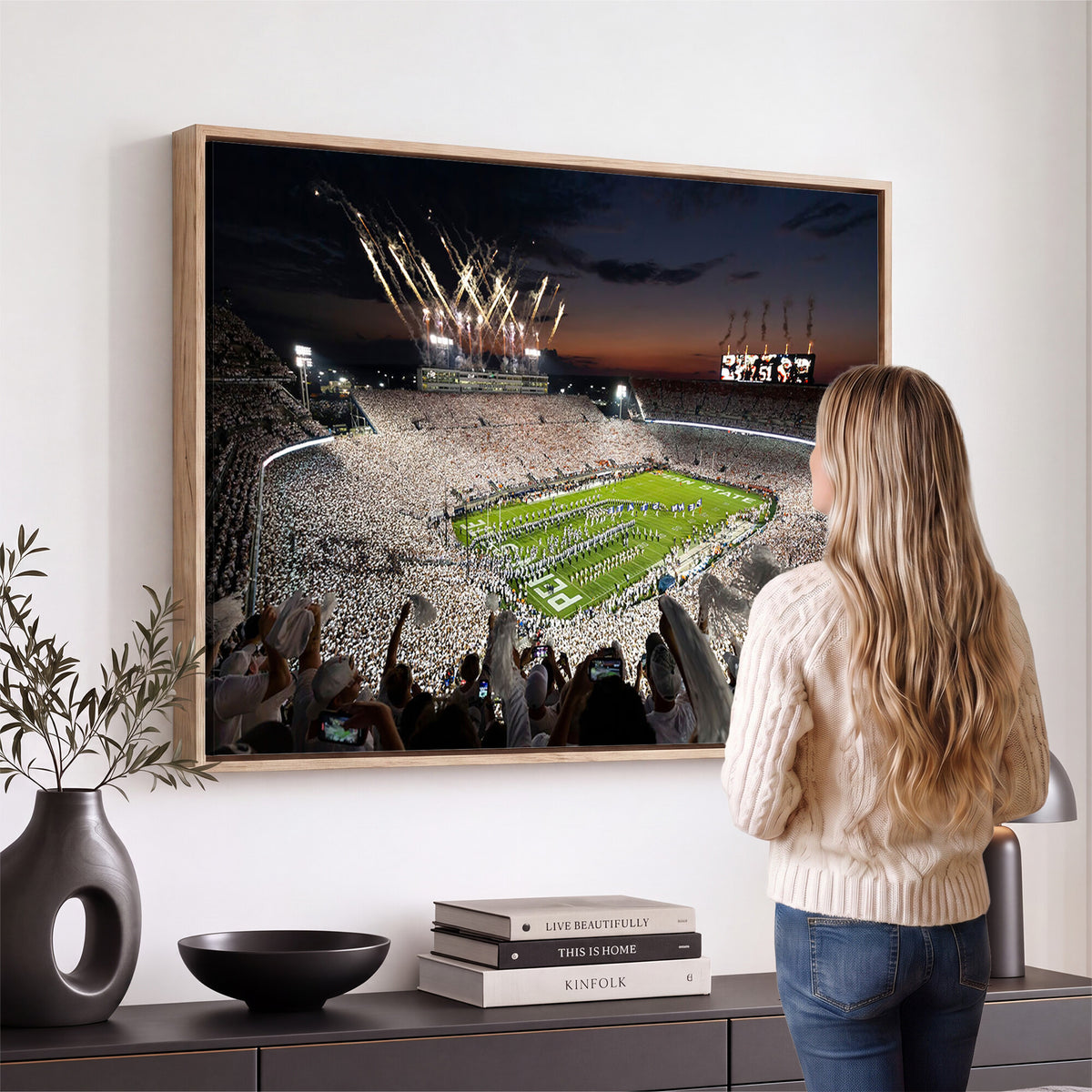 11221988-MGV-CV-36X24 - Epic Night Football Stadium Wall Art Canvas Print, Fireworks and Crowd